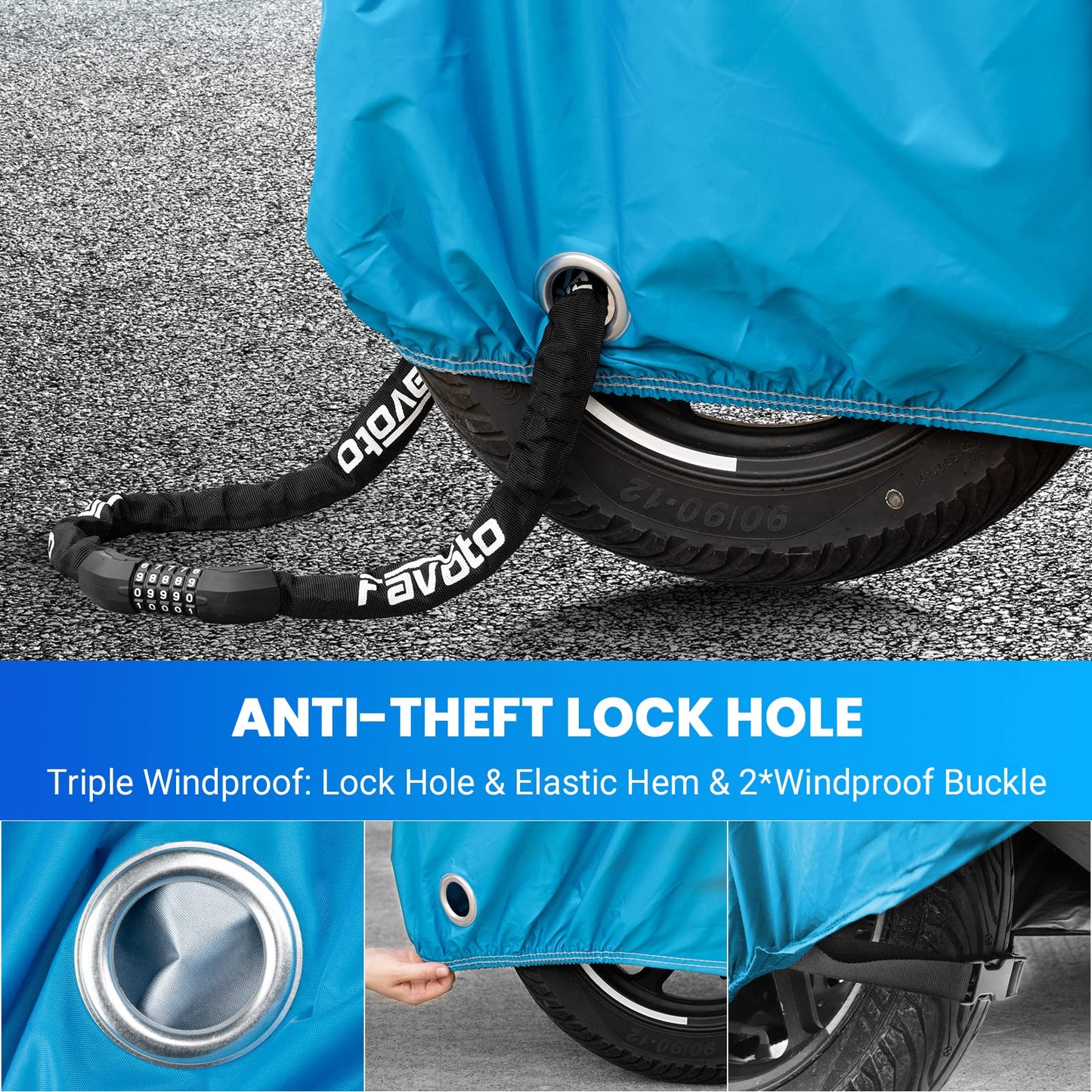 Favoto - Funda para motocicleta de 245 centímetros de longitud para todas las estaciones, impermeable, protección solar y exterior, reflector nocturno duradero con agujeros de bloqueo y bolsa de almacenamiento, funda para motocicleta.