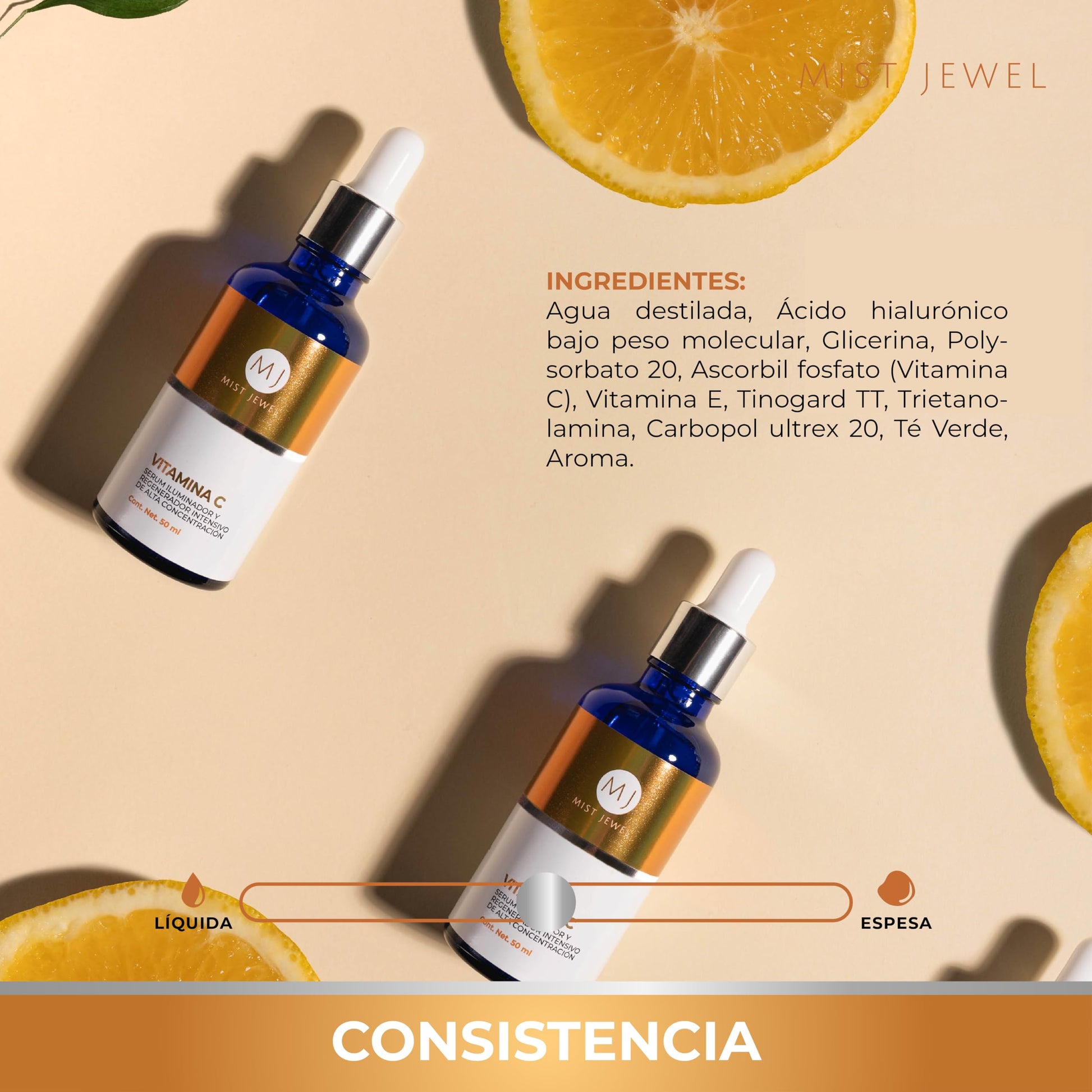 MIST JEWEL Suero vitamina C + Acido hialuronico + VIt E facial + Rosa mosqueta hidratante y protector piel | Serum con Efecto reparador y protector anti manchas cutis
