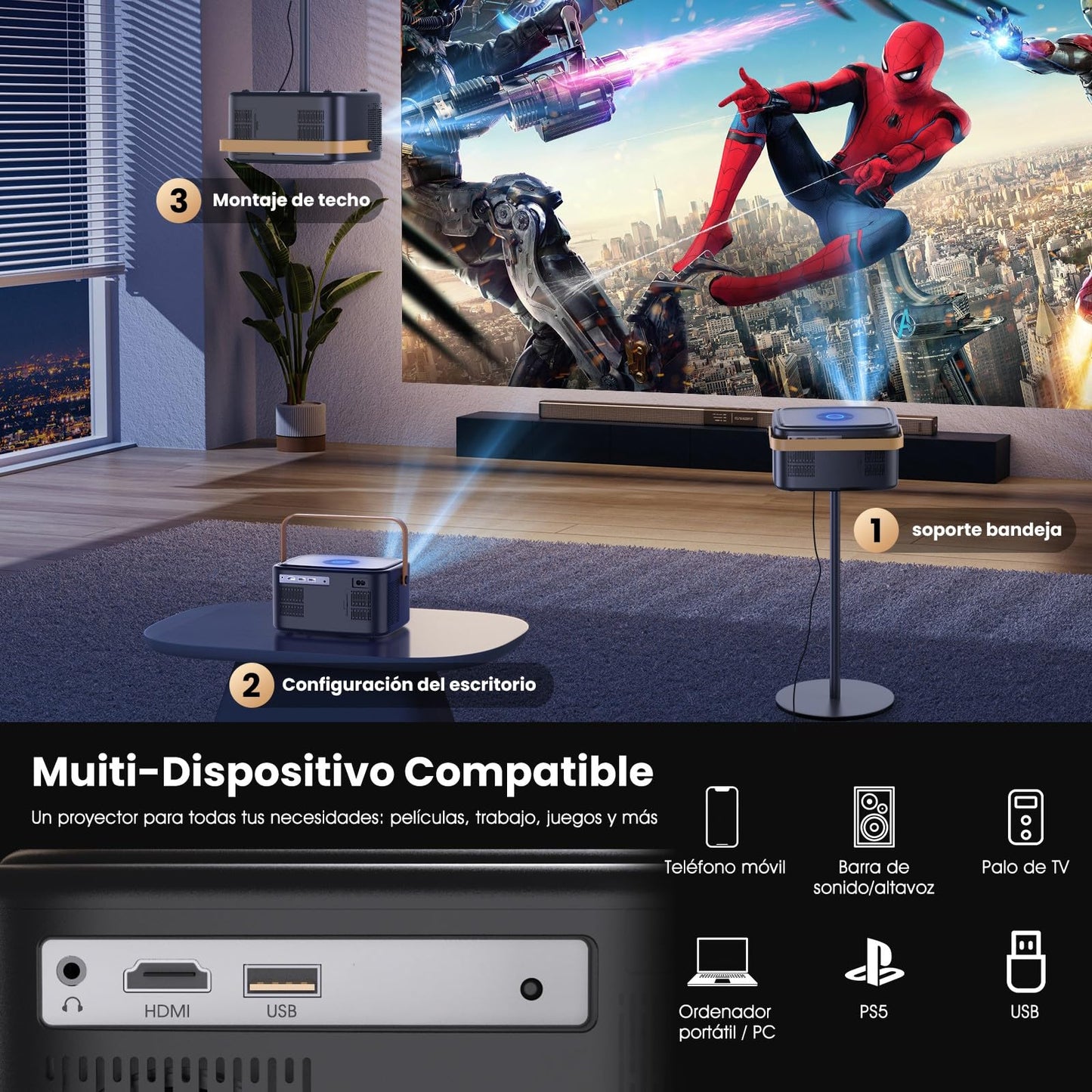 AOSO Proyector 4K 500ANSI, Portátil Proyectors para Cine en Casa con Sistema Android11, WiFi 6 & Bluetooth 5.2, 1080p Nativo, Compatible con Netflix y 10,000+ Apps, Ldeal para Ver Copa Mundial