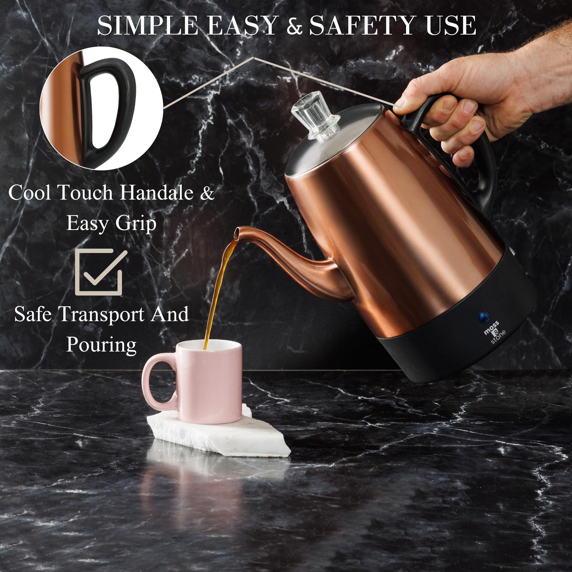 Cafetera eléctrica Moss & Stone de acero inoxidable para 10 tazas, cafetera eléctrica con función de mantener caliente, cafetera eléctrica de acero inoxidable para 10 tazas con cesta para café
