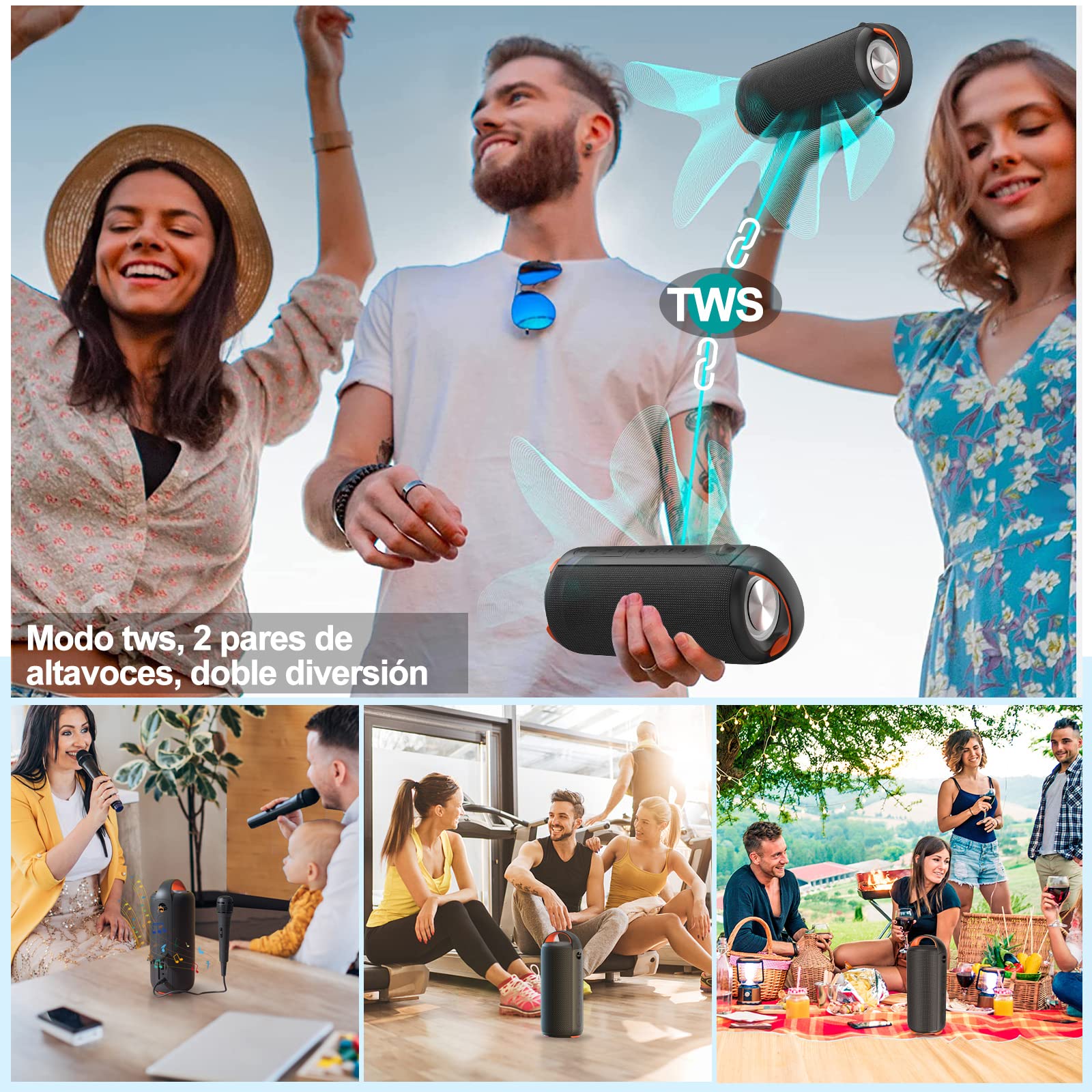 Bocina Bluetooth, Altavoz Portátil Impermeable IPX6, Mini Bocina de RGB, Sonido Estéreo TWS, Batería de 5200 mAh Larga Reproducción, Altavoz Bluetooth 5.0 con Correa Portable para Viaje, Fiesta, Hogar