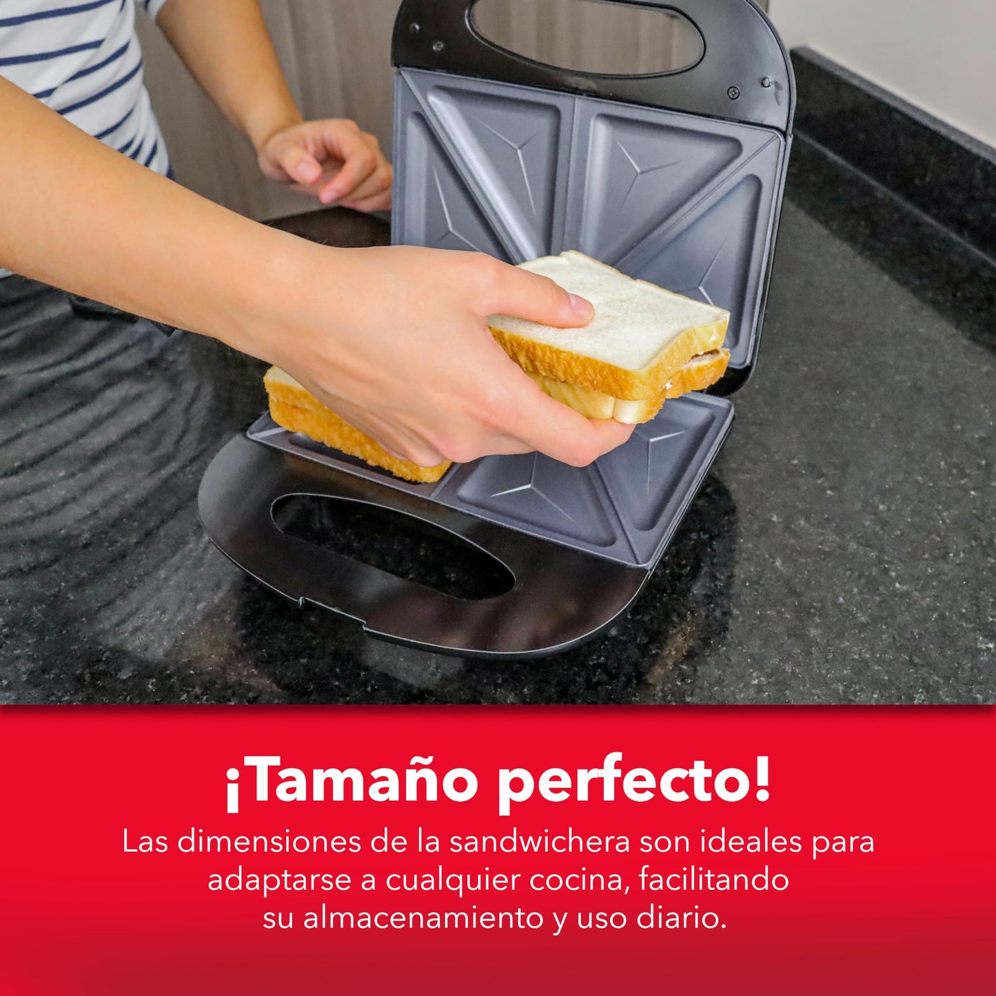 RCA Sandwichera Eléctrica RC-SW1, Placa Antiadherente, Doble Rebanada, Temperatura Ajustable, Luces Indicadoras, Seguro Frontal, Diseño Compacto y Acero Inoxidable, Ideal para Sándwiches y Desayunos