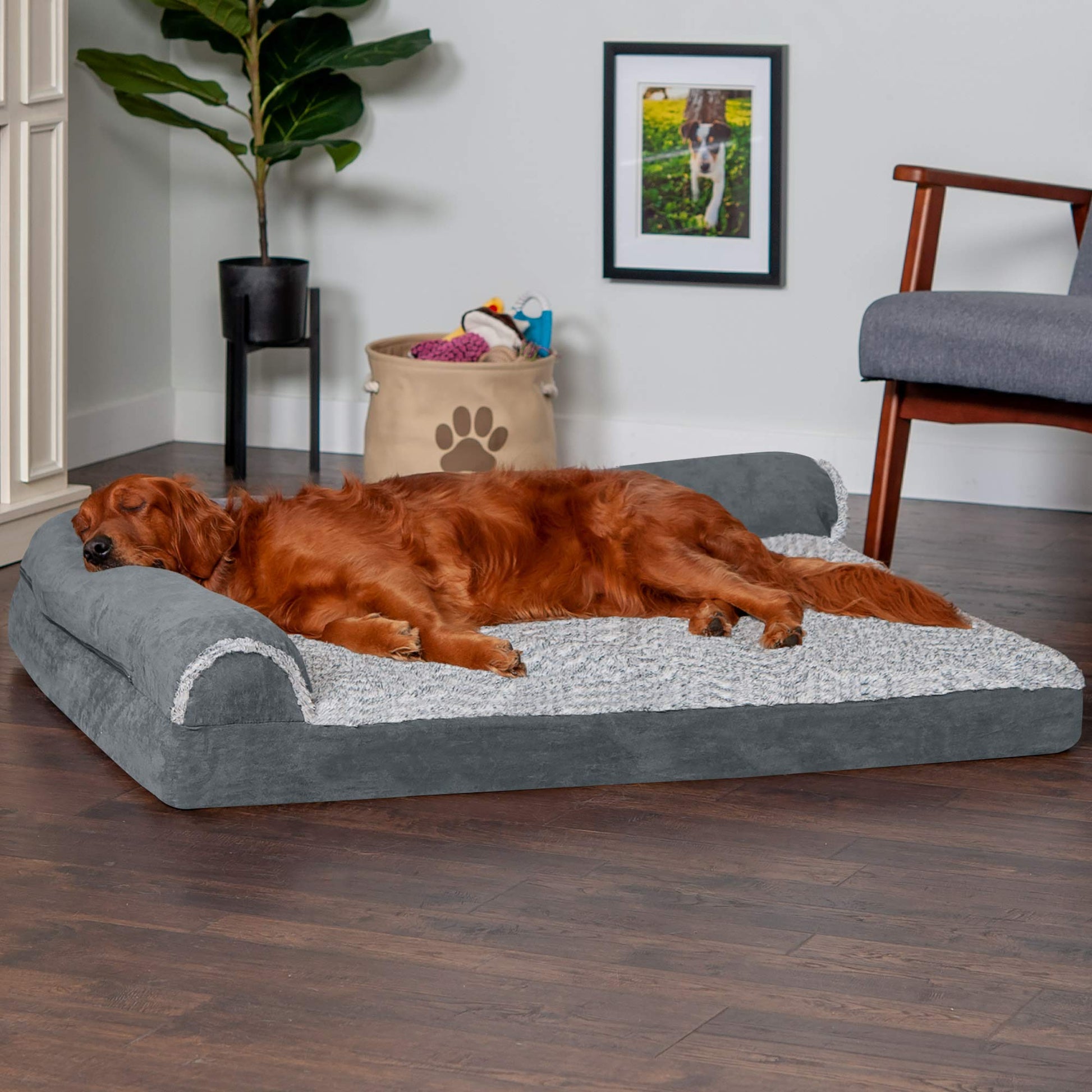 Furhaven - Cama Para Perros De Espuma Viscoelástica Xl, Diván Bicolor De Piel Sintética Y Gamuza En Forma De L Con Funda Extraíble Y Lavable, Gris Piedra, Gigante