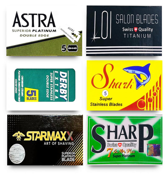 Hojas de Afeitar de Doble Filo Razor Blades Club Surtido de Astra Derby Shark Loi Starmax Sharp 30 Piezas 6 Marcas