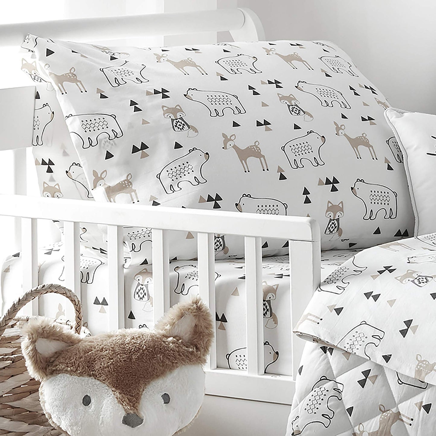 Levtex Baby Bailey Bear, animales, bosque, carbón, beige, blanco, juego de 5 piezas para niños pequeños, ropa de cama neutra para niños, edredón reversible, sábana bajera, sábana encimera, funda de