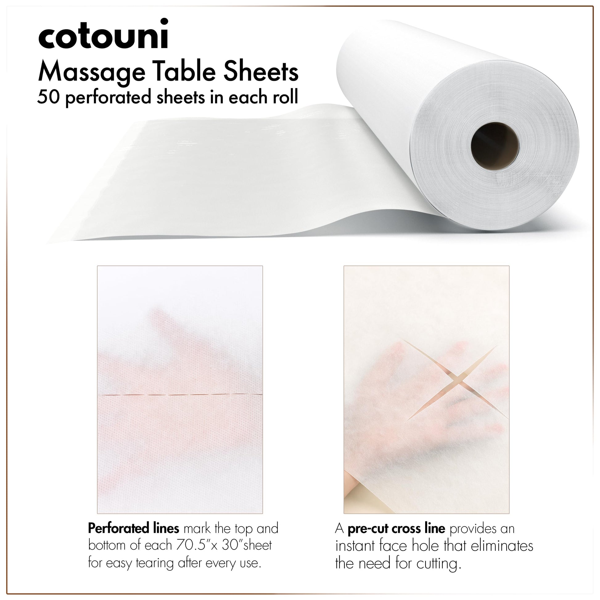 Cotouni - Sábanas desechables de masaje de 70 x 30 pulgadas, 2 rollos, 50 hojas perforadas con orificio para la cara, funda de mesa de revisión de papel no tela, 30 g/m², cama facial/pestañas/spa,