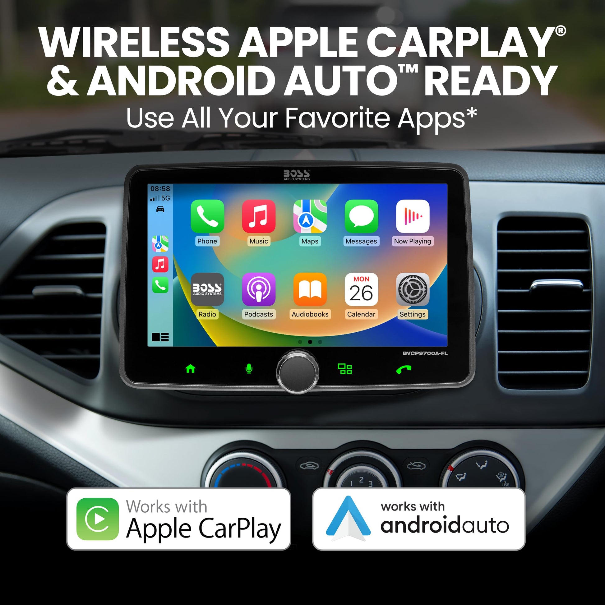 Boss Audio Systems Sistema estéreo de Audio para automóvil BVCP9700A-FL: Apple CarPlay, Android Auto, DIN único de 7 Pulgadas, Pantalla táctil capacitiva, Unidad Principal de Audio Llamadas Bluetooth