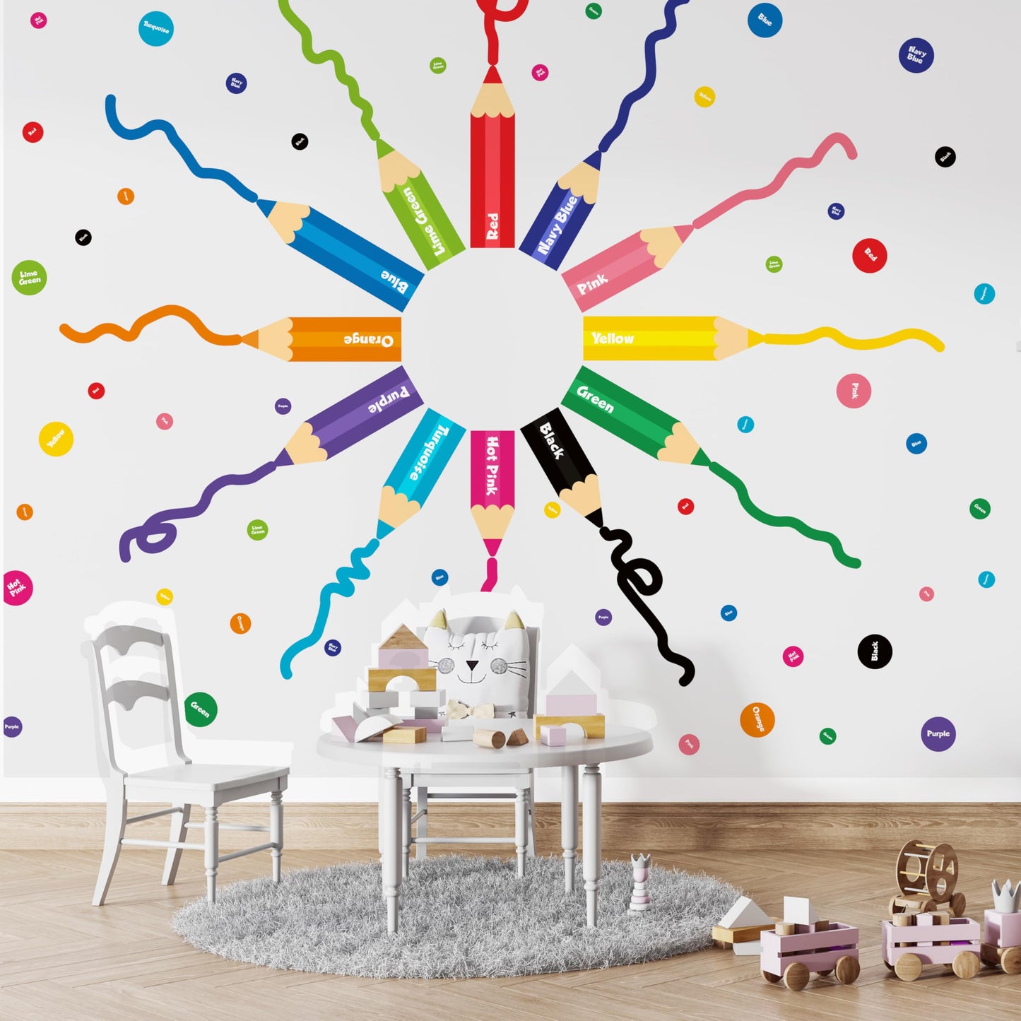 Calcomanías de pared para niños, diseño de crayón de aprendizaje de color, vinilo extraíble, diseño de lunares arcoíris, decoración educativa para el aula, habitación de bebé, recámara de niños, sala