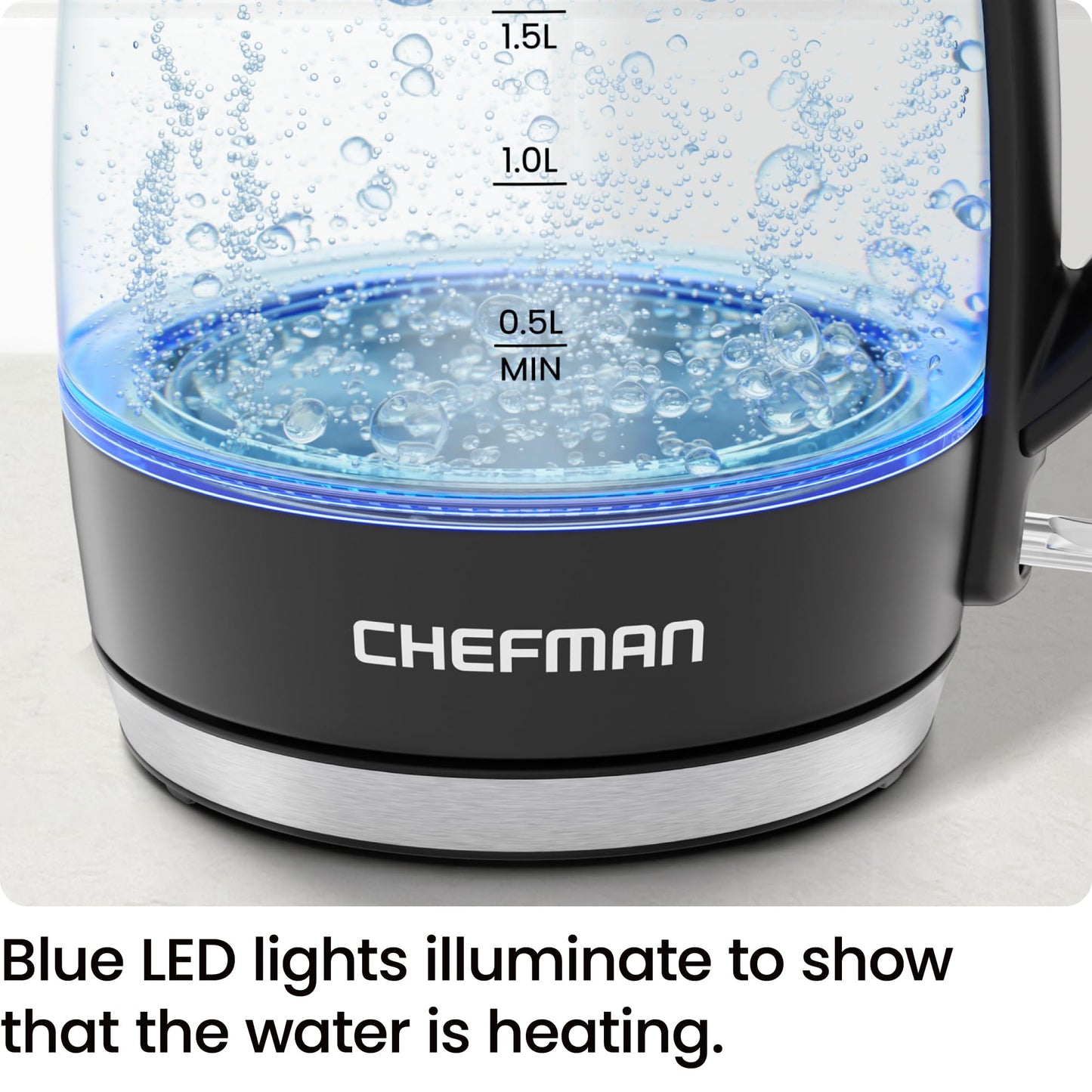 Chefman Hervidor eléctrico para agua hirviendo, 1.8L 1500W, agua caliente en 3 minutos, luces LED, apagado automático, protección de ebullición y secado, hervidor de té eléctrico de vidrio negro