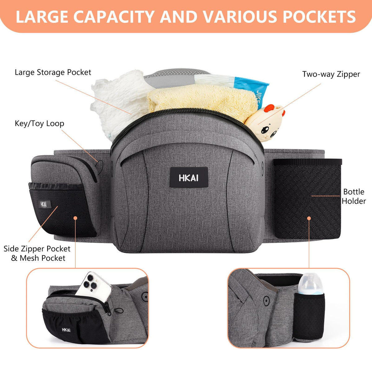 HKAI Portabebés eléctrico con asiento de cadera, cintura ajustable y malla transpirable, soporte ergonómico con superficie antideslizante de asiento de cadera para recién nacidos y niños pequeños,