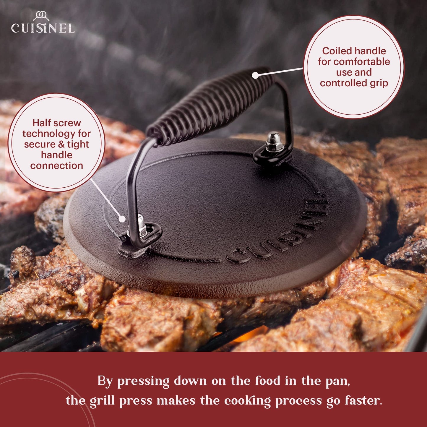 Cuisinel Prensa para parrilla + Depurador de cota de malla + Rascador - Pre-sazonado Máquina para hacer paninis/sándwiches de servicio pesado de 4 lb.