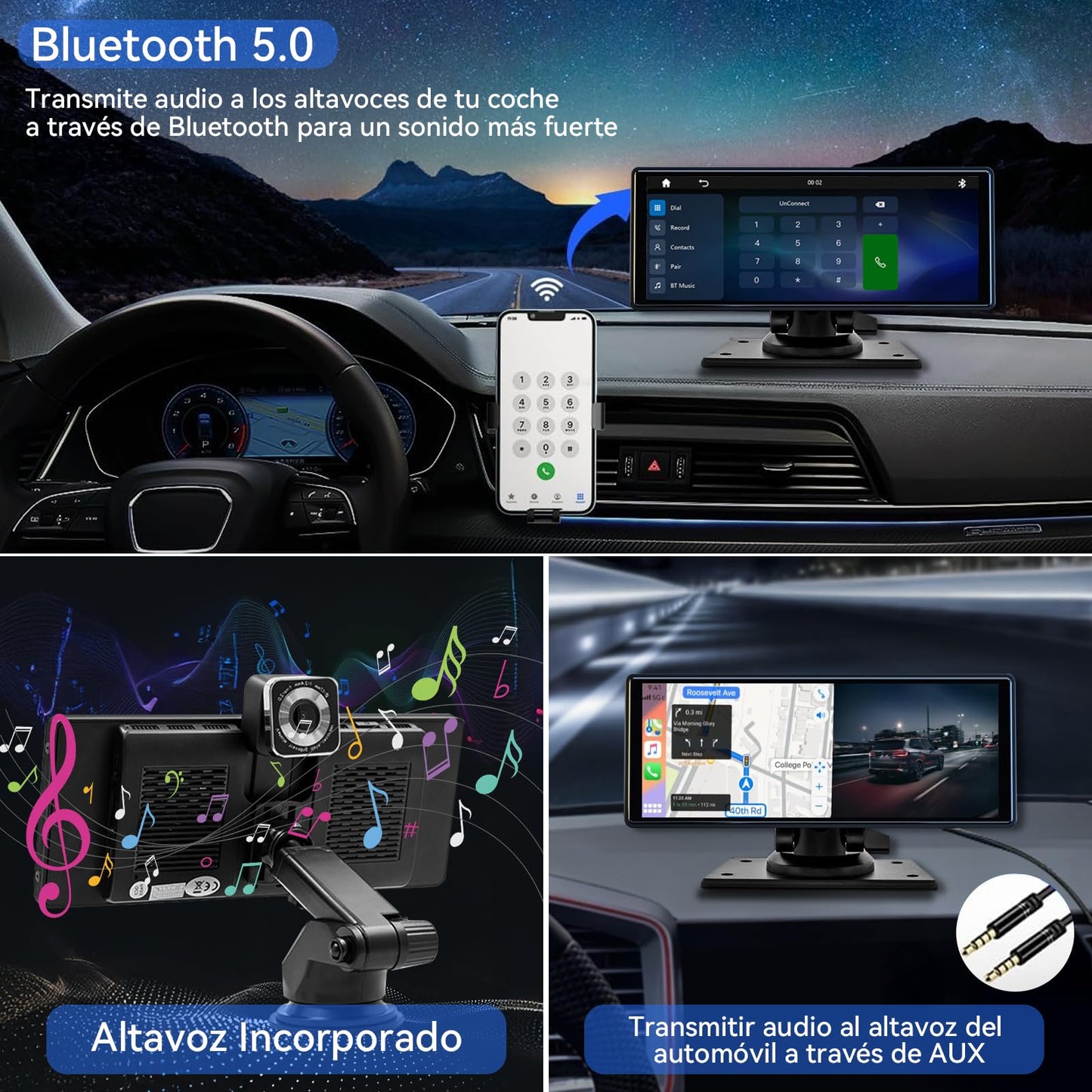 LINGLUCKY 10.26" Autoestéreo para Carro Portátil con Dashcam 2K，CarPlay Inalámbrico, Android Auto, WiFi, GPS, Bluetooth, Mirror Link y Cámara Trasera, Compatible con Todos los Vehículos