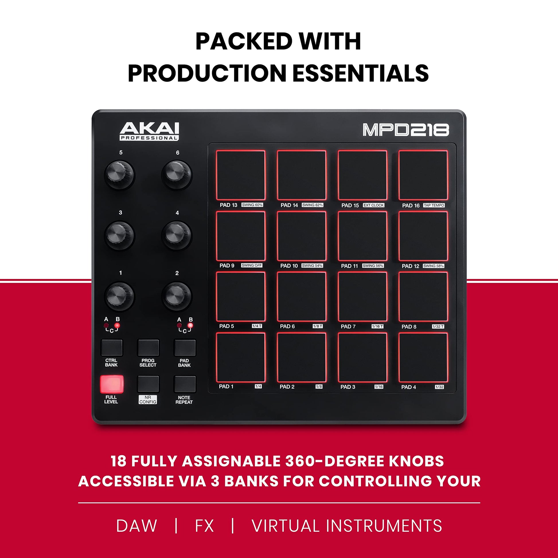 Akai Professional MPD 218 - Controlador MIDI USB con 16 pads MPC y 6 knobs asignables, Note Repeat, Full Level y paquete de software