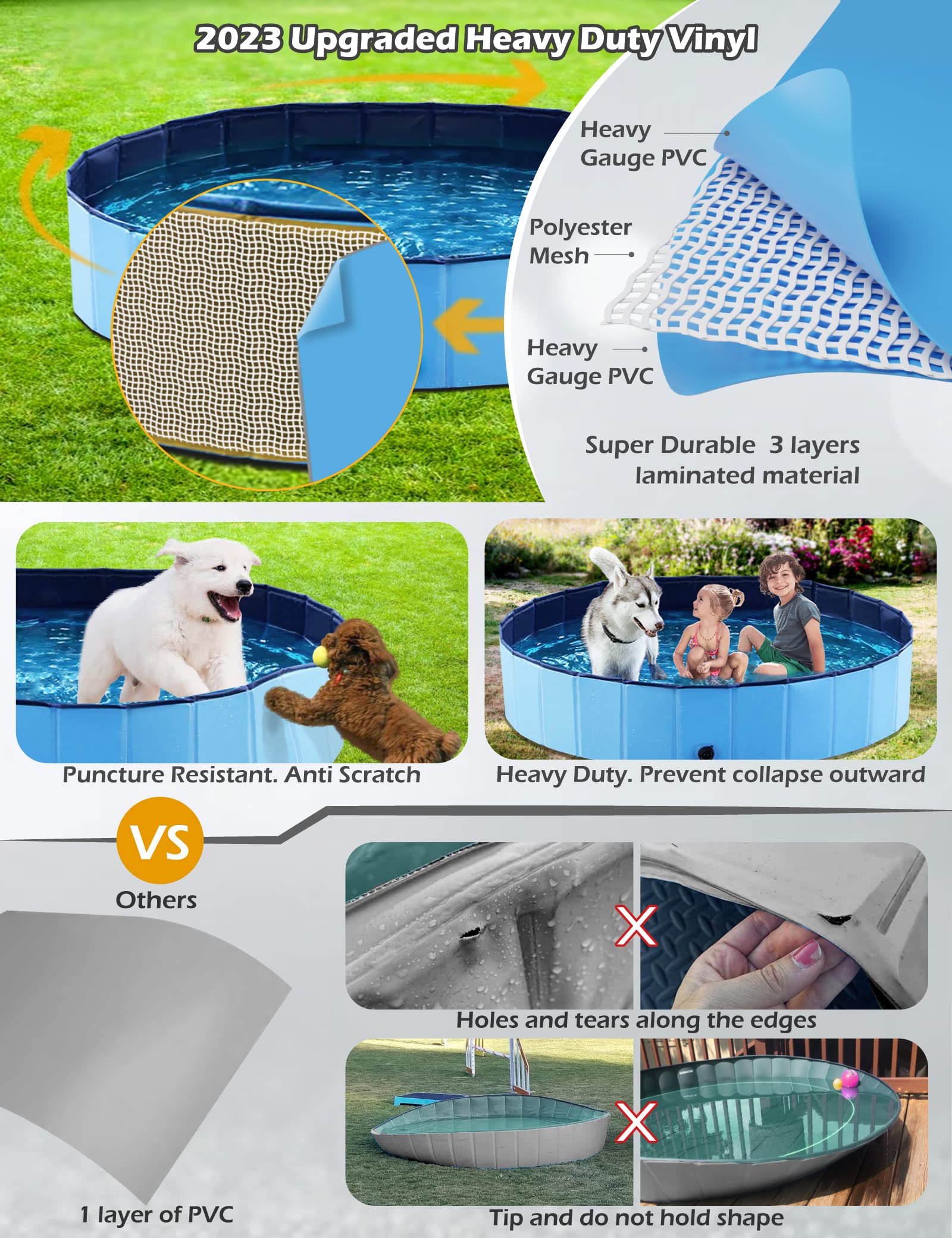 Jasonwell Alberca para Perro Plegable - Piscina para Perros y Mascotas Portátil Alberca Grande de Plastico Duro Tina Plegable para Perro Bañera de PVC al Aire Libre para Perros Gatos y Niños 48´´