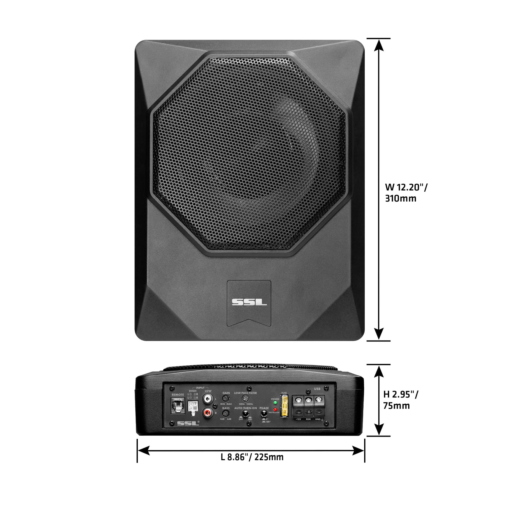 Sound Storm Laboratories US8K - Subwoofer de audio para coche de 8 pulgadas bajo el asiento, 800 vatios máximo, perfil bajo, amplificador integrado, para camión, cajas y recintos, control remoto de subwoofer