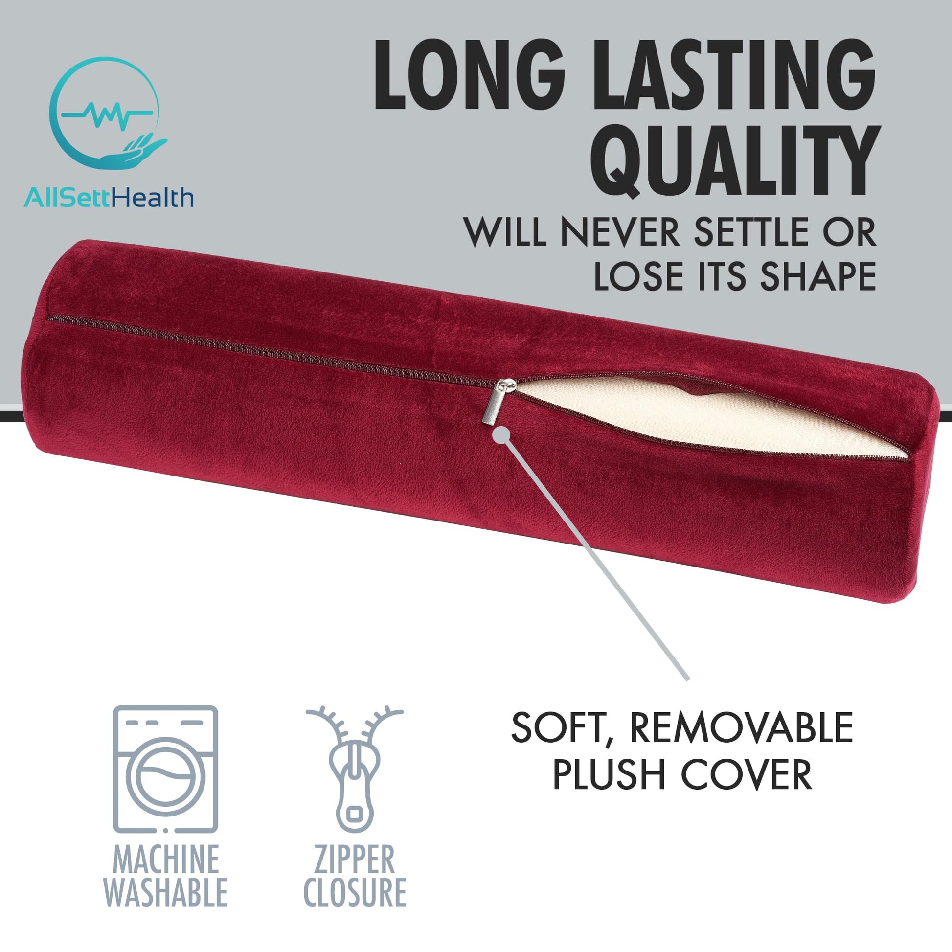 AllSett Health - Almohada de espuma viscoelástica para cuello cervical, almohada de cuello redondo, soporte para dormir, almohada para cama, piernas, espalda y yoga, funda de baño color burdeos
