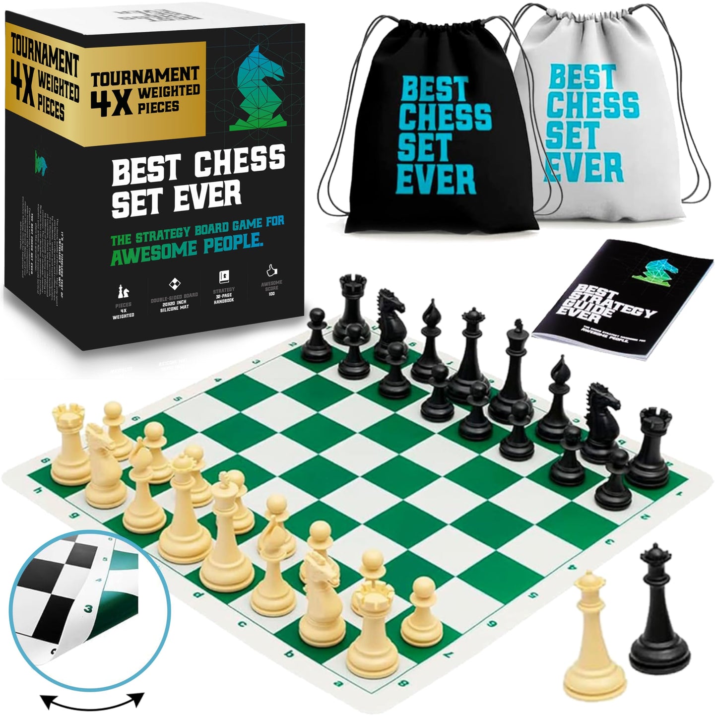 Best Chess Set Ever 4X Juego de Ajedrez Profesional Cuádruple Peso (Rey de 11,4 cm), Tablero Silicon Reversible 50x50 cm, Piezas Modernas Staunton Ponderadas, Ajedrez de Torneo para Adultos y Niños