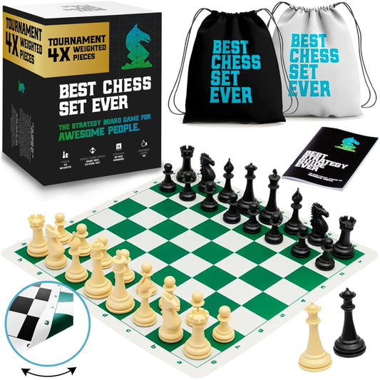 Best Chess Set Ever 4X Juego de Ajedrez Profesional Cuádruple Peso (Rey de 11,4 cm), Tablero Silicon Reversible 50x50 cm, Piezas Modernas Staunton Ponderadas, Ajedrez de Torneo para Adultos y Niños