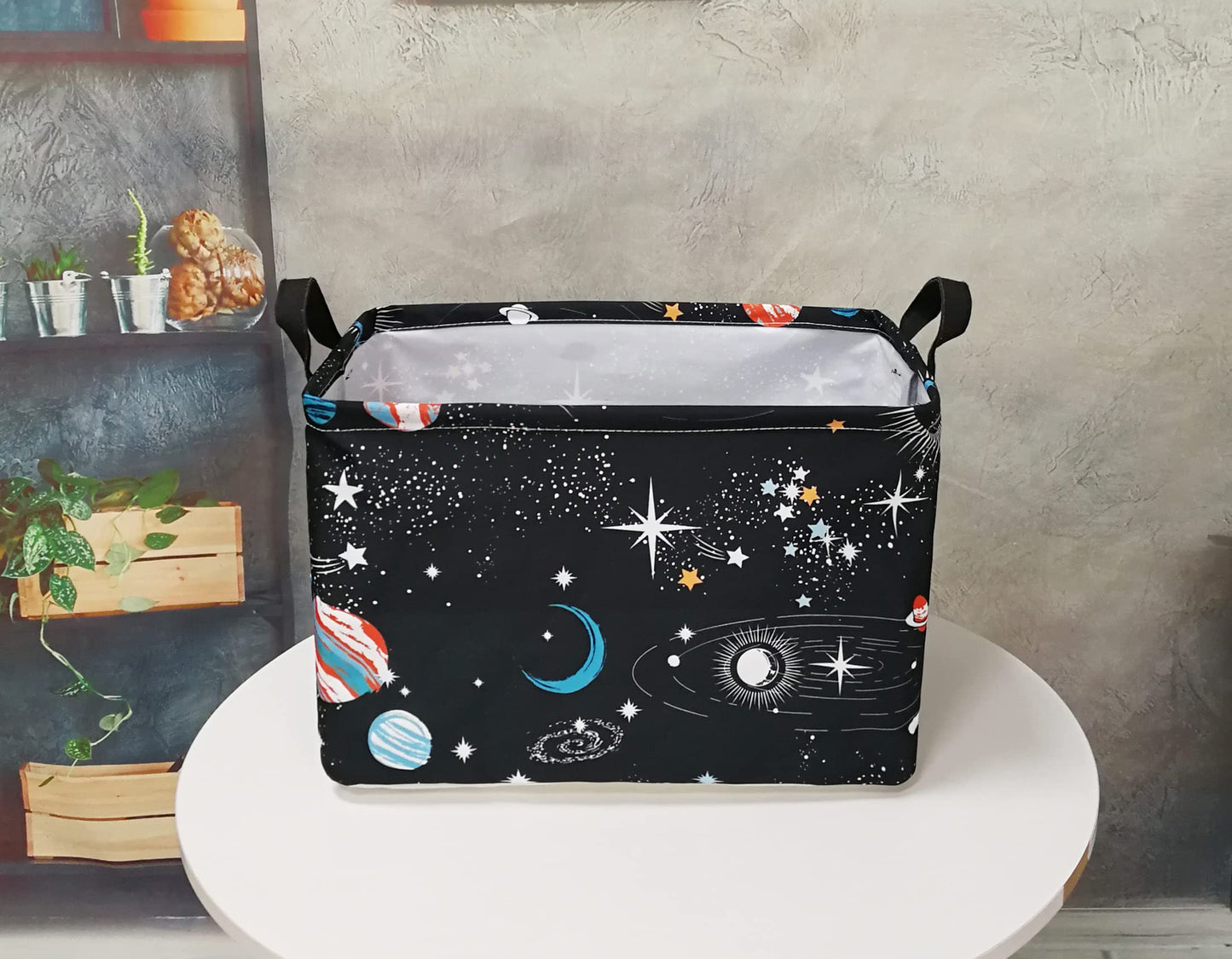 DUYIY - Cesta de almacenamiento para el hogar, cesta organizadora para niños, cesta de lavandería, cesta de regalo con asas para el hogar (planeta negro)