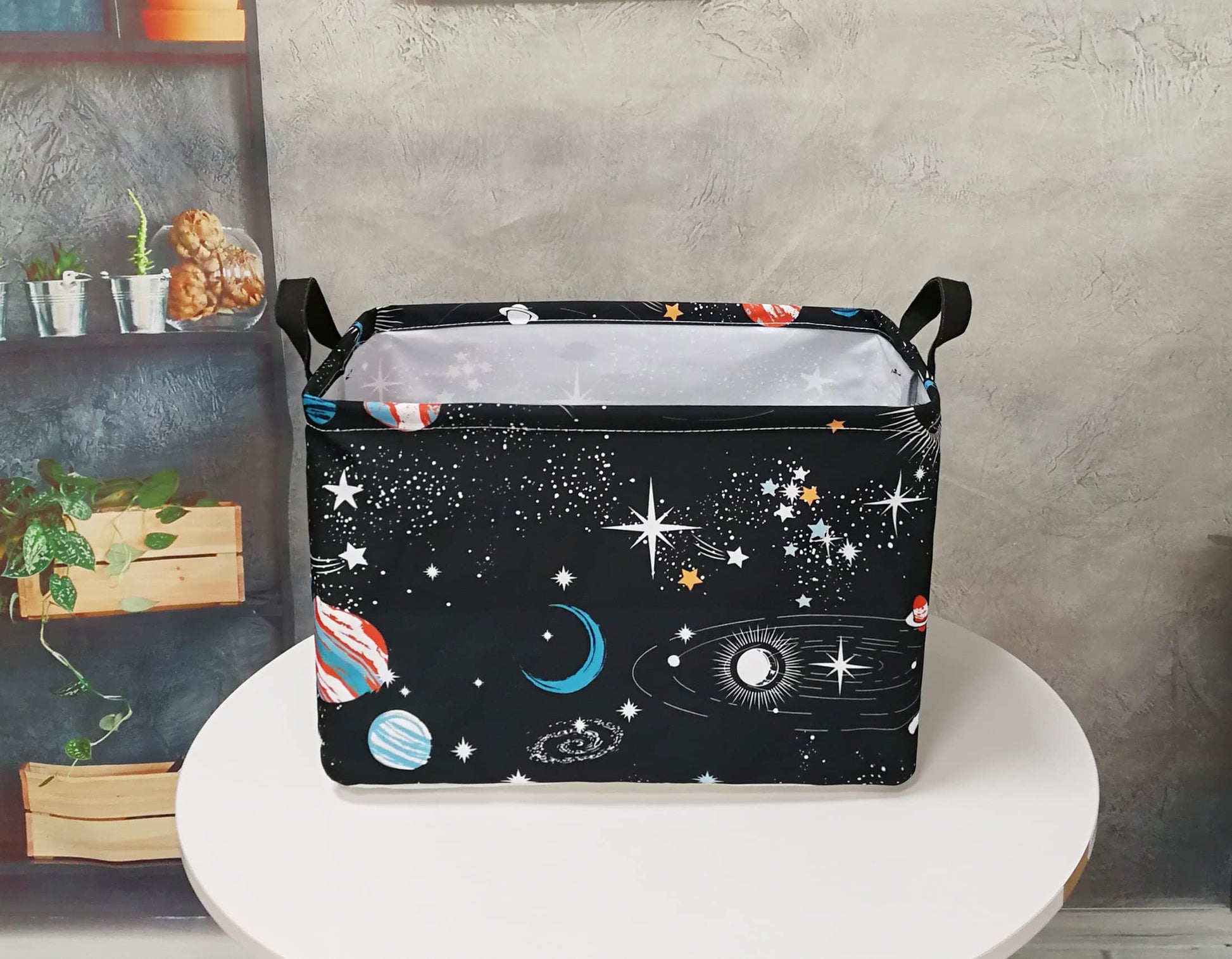 DUYIY - Cesta de almacenamiento para el hogar, cesta organizadora para niños, cesta de lavandería, cesta de regalo con asas para el hogar (planeta negro)