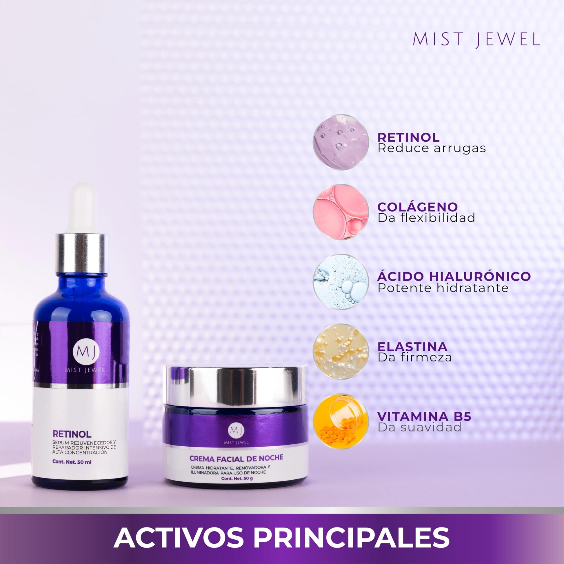 MIST JEWEL | Pack facial de noche con serum retinol 50ml y crema nocturna 50g para hombres y mujeres reparacion y renovacion | Paquete cuidado facial de suero + crema reperadora e hidratante