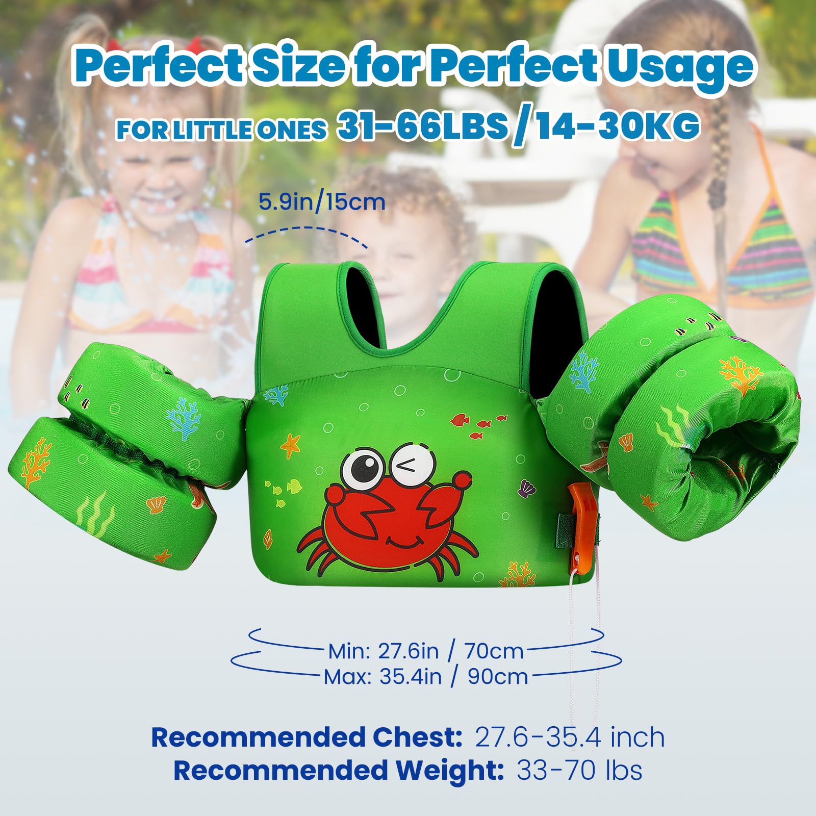 HeySplash - Chaleco de natación para niños, flotadores de Piscina para niños pequeños, Apto para 31 a 66 Libras, Chaleco de natación para niños con Correa Ajustable, Chamarra de natación