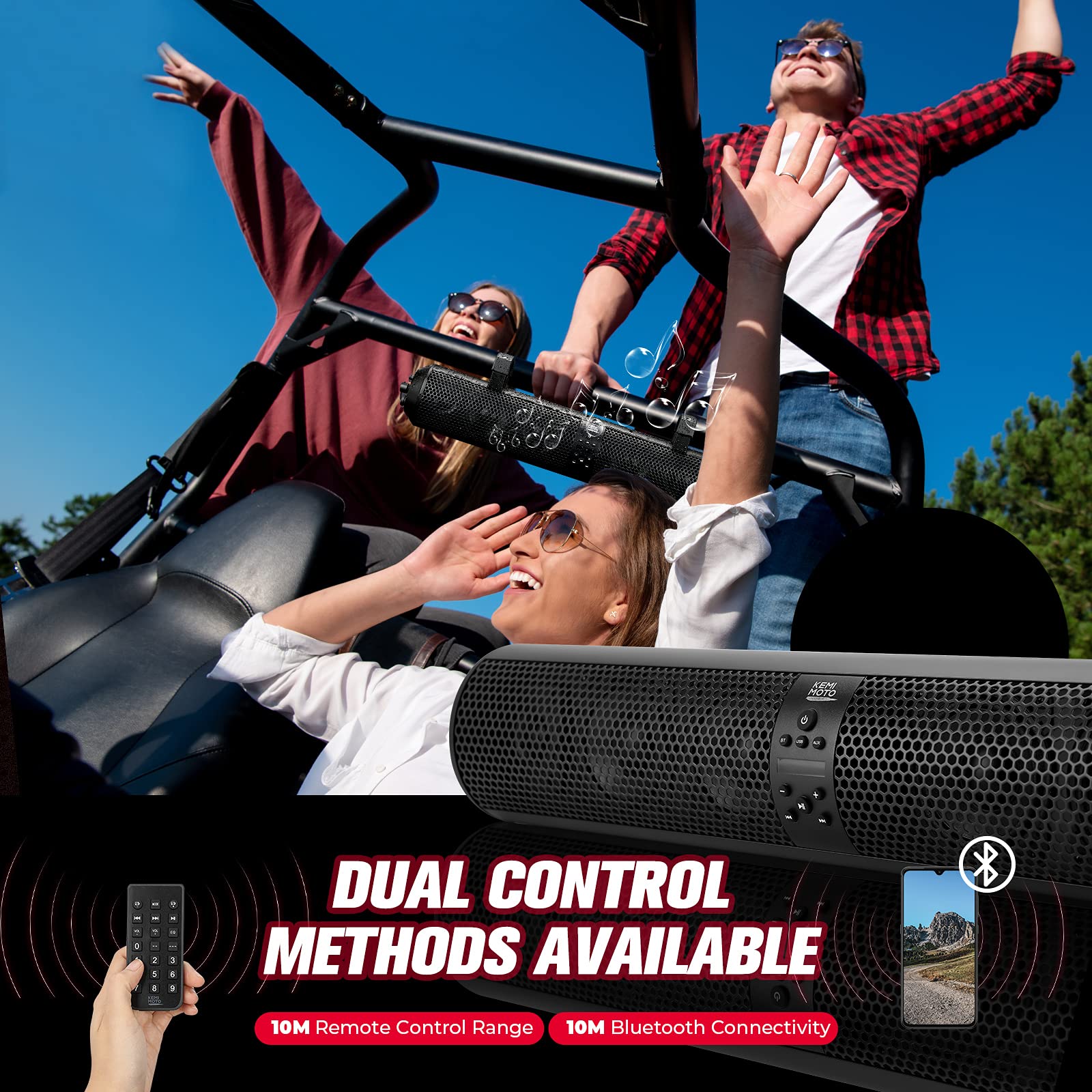 Barra de sonido Kemimoto UTV de 28 pulgadas, 2X altavoz de agudos y 4X subwoofer compatible con Bluetooth barra de sonido compatible con Polaris RZR Can-Am X3 Defender CFMOTO para jaula de 1.5 a 2.25