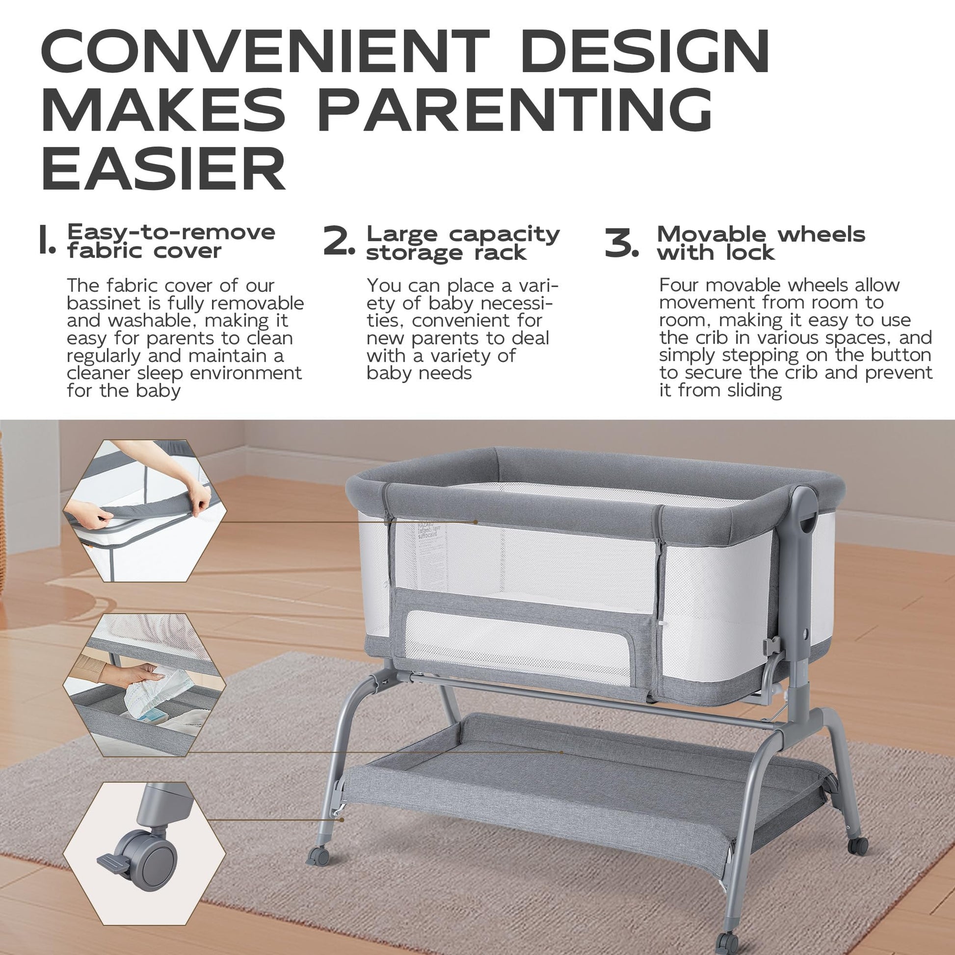 BabyBond - Cuna de noche, colchón y sábana, malla de 4 lados, color gris