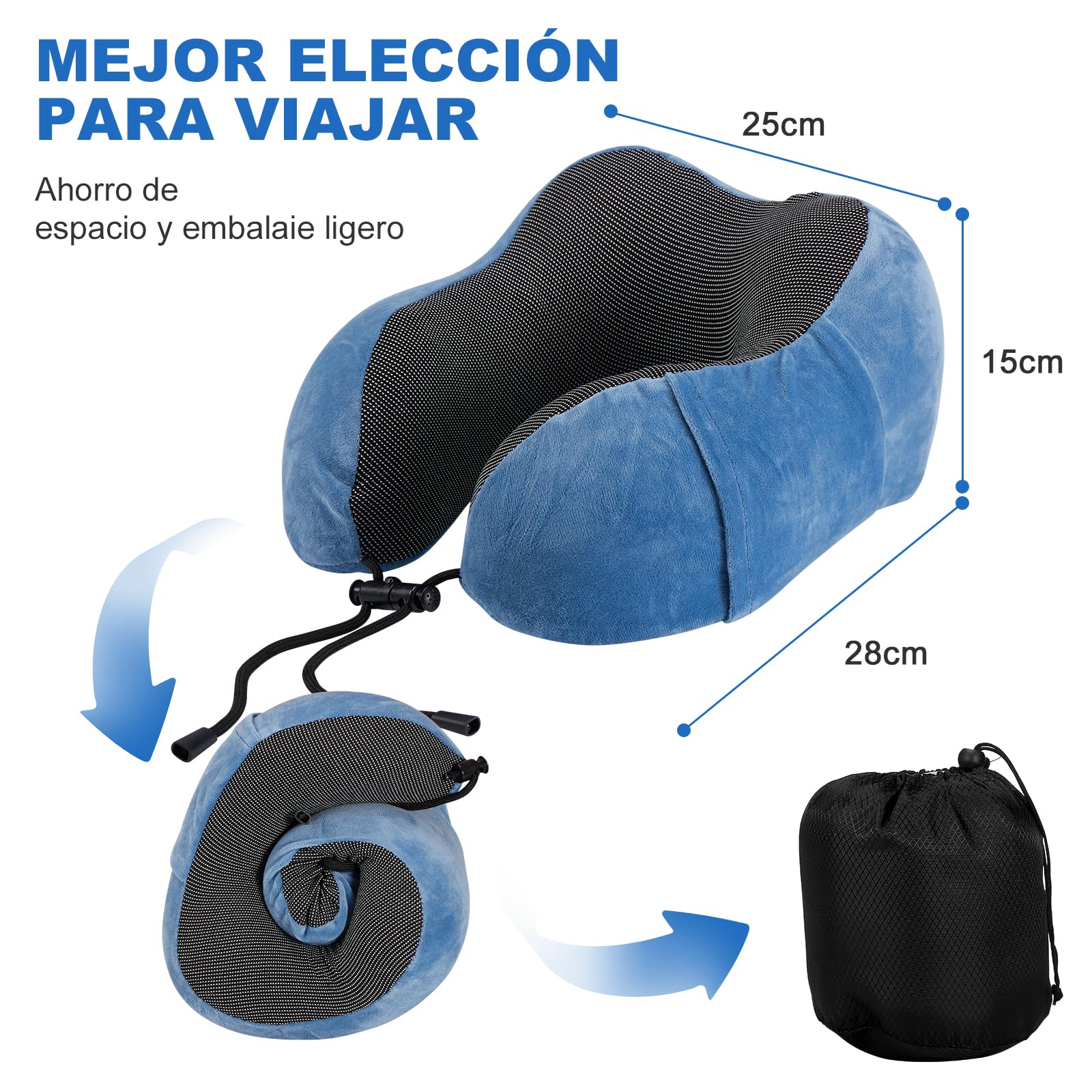 Almohada de Viaje, Almohada de Cuello Viscoelástica de Espuma de Memoria con Máscara de Ojos, Tapones para los oídos y Nariz, y Bolsa con Cordón, Soporte de Cuello para Avión, Oficina y el Hogar(Azul)