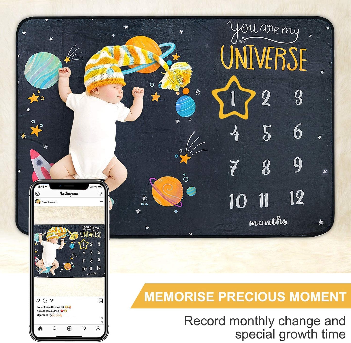 ComboJoy - Manta de hito para bebé para niño y niña, manta de hito mensual grande de 60 x 40 pulgadas, con 12 calcomanías de animales, rastreador de crecimiento personalizado con temática espacial