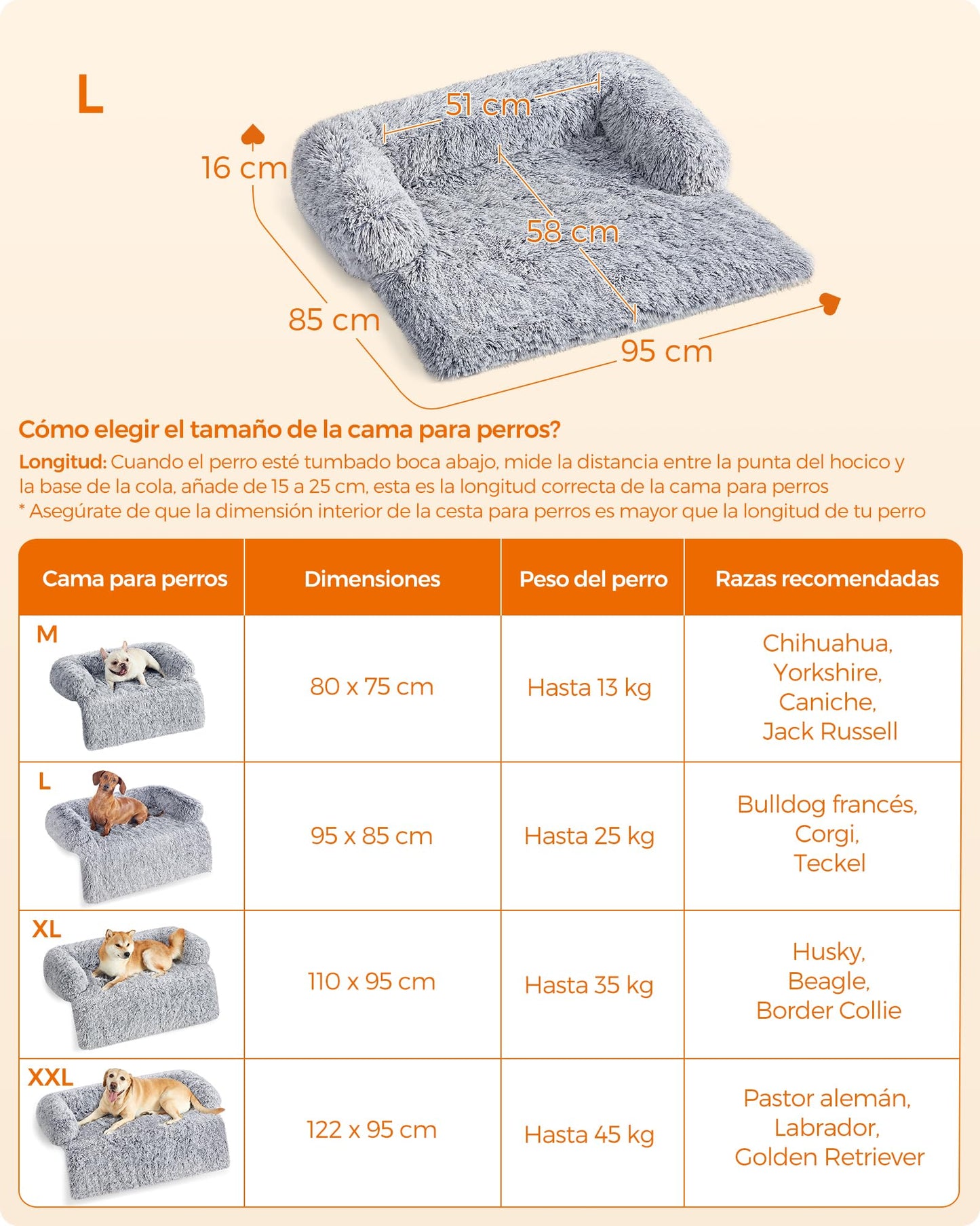 Feandrea Cama para Perros, Funda Protectora para Sofá, 95 x 85 x 16 cm, Tela de Felpa, L, para Perros Medianos,Gris Ombré MPGW222G01