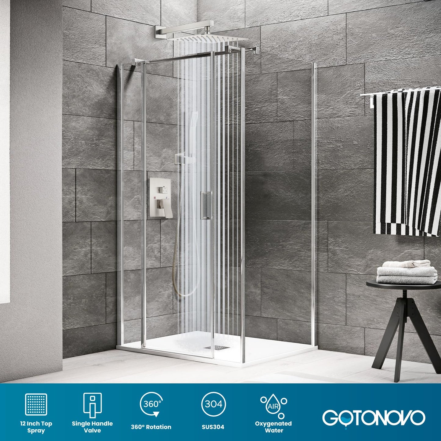 gotonovo - Sistema de ducha de lluvia para baño, cabezal de ducha y asa, juego completo de ducha de latón macizo con equilibrio de presión, válvula mezcladora de ducha de 12 pulgadas de níquel