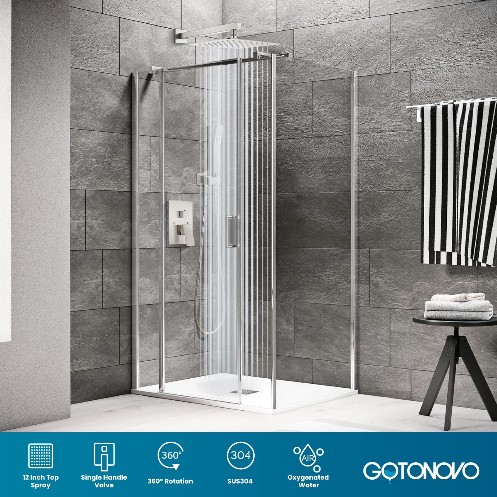 gotonovo - Sistema de ducha de lluvia para baño, cabezal de ducha y asa, juego completo de ducha de latón macizo con equilibrio de presión, válvula mezcladora de ducha de 12 pulgadas de níquel