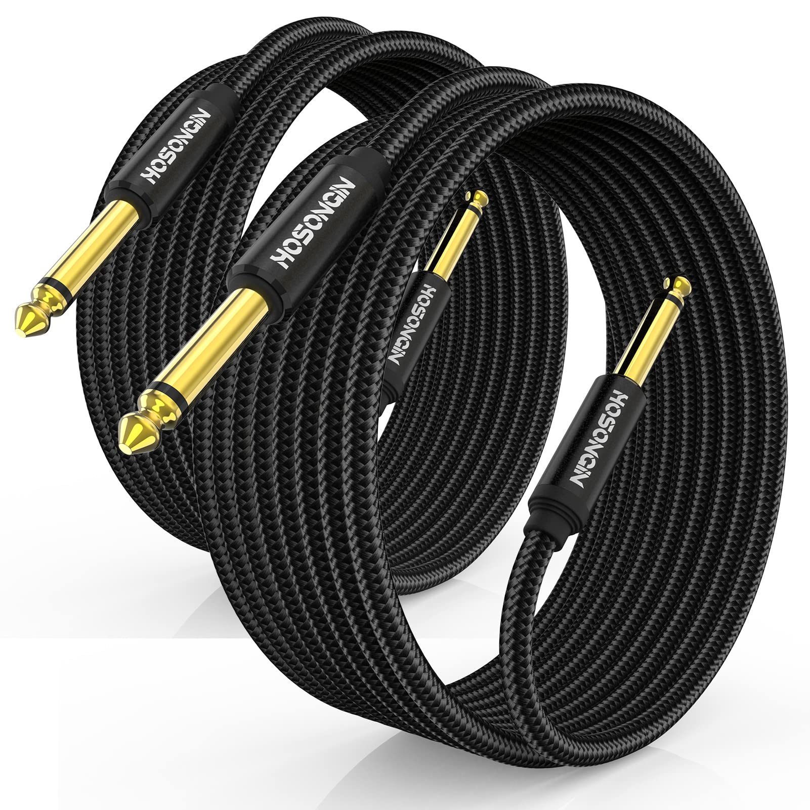 Cable de Instrumento HOSONGIN Negro Trenzado Blindado 1/4 Pulgadas TS Macho a Macho Paquete de 2