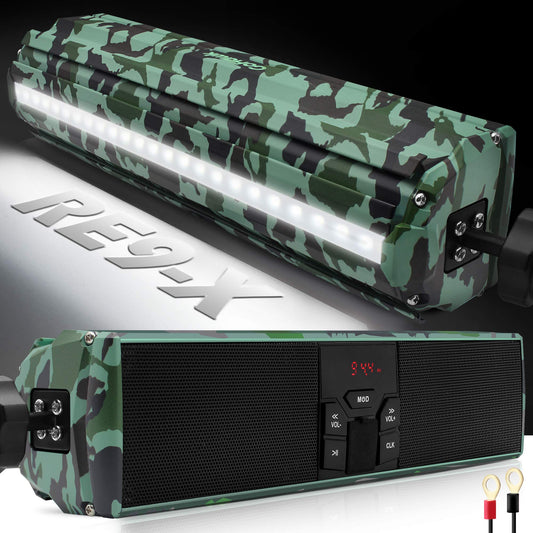 GoHawk RE9-X Gen.3 - Altavoces estéreo Bluetooth impermeables para motocicleta, barra de sonido LED, 7/8-1.25 pulgadas Soporte para manubrio MP3, reproductor de música, sistema de amplificador de