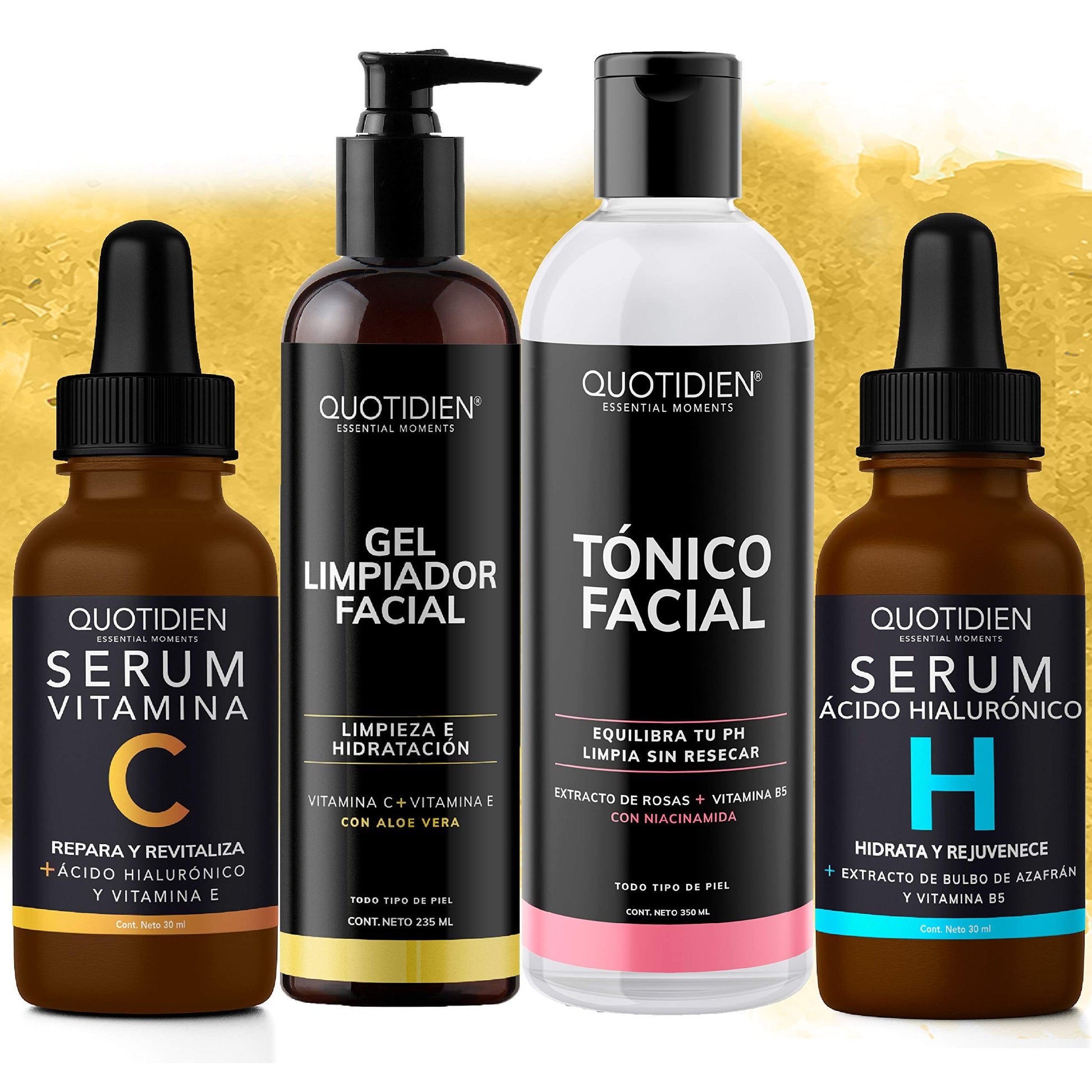 Kit 4 Pasos Quotidien: 1 Limpiador Facial 235 ml + 1 Tónico Facial 350 ml + 1 Serum Vitamina C 30ml + 1 Serum Ácido Hialurónico 30ml | Skincare Kit con Ingredientes Naturales - Limpia Profundamente, Equilibra el Ph, Cierra Poros, Aclara, Mejora la Textura