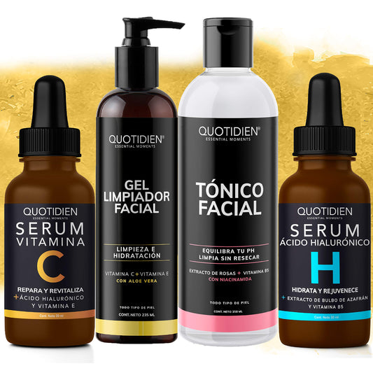 Kit 4 Pasos Quotidien: 1 Limpiador Facial 235 ml + 1 Tónico Facial 350 ml + 1 Serum Vitamina C 30ml + 1 Serum Ácido Hialurónico 30ml | Skincare Kit con Ingredientes Naturales - Limpia Profundamente, Equilibra el Ph, Cierra Poros, Aclara, Mejora la Textura