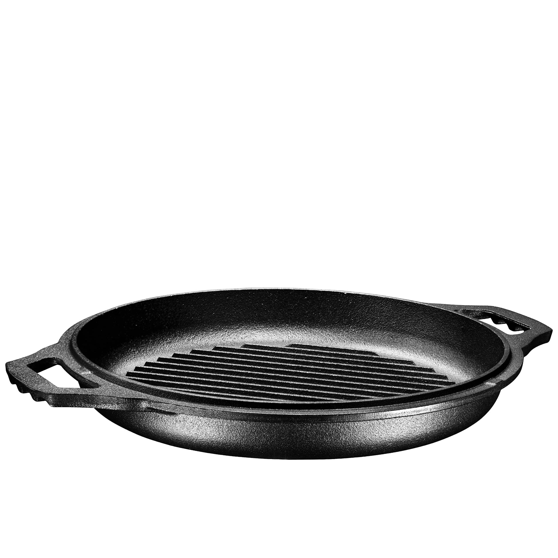 Bruntmor - Horno holandés de hierro fundido presazonado 2 en 1 con doble asa, cacerola doble de cocotte con tapa para parrilla, 3.3 cuartos de galón, parrilla para barbacoa, freidora, juego de