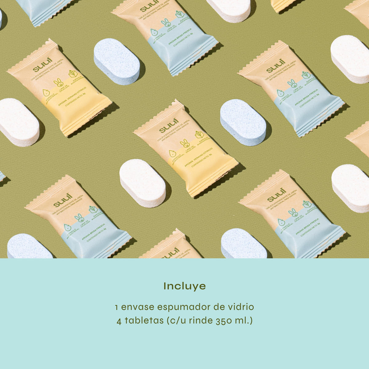 Suul Jabón Espuma Para Manos Recargable - Kit Inicial (1 envase espumador + 4 pastillas de 350ml. c/u), Ecológico y Antibacterial