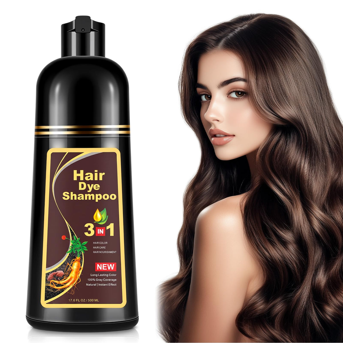 Champú Instant Hair Color para Cabello,hair dye shampoo, Champú Tinte Instantáneo 3 En 1 Fórmula Suave Que contiene Ingredientes Naturales,shampoo tinte, Adecuado Para HombresY mujeres (Marrón oscuro)