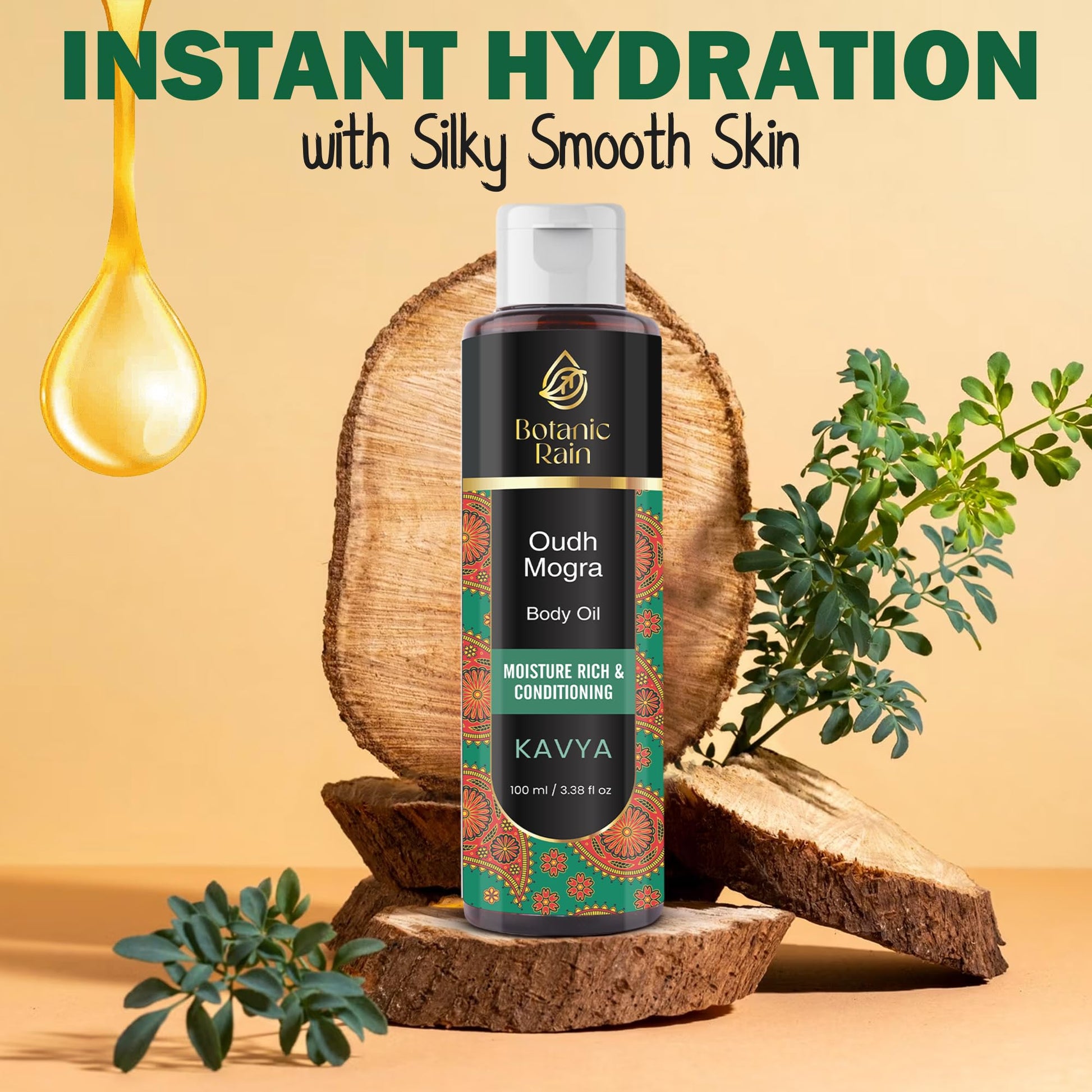 Botanic Rain- Aceite corporal ayurvédico con oudh y mogra, aceite corporal orgánico para después de la ducha, hidratante y natural