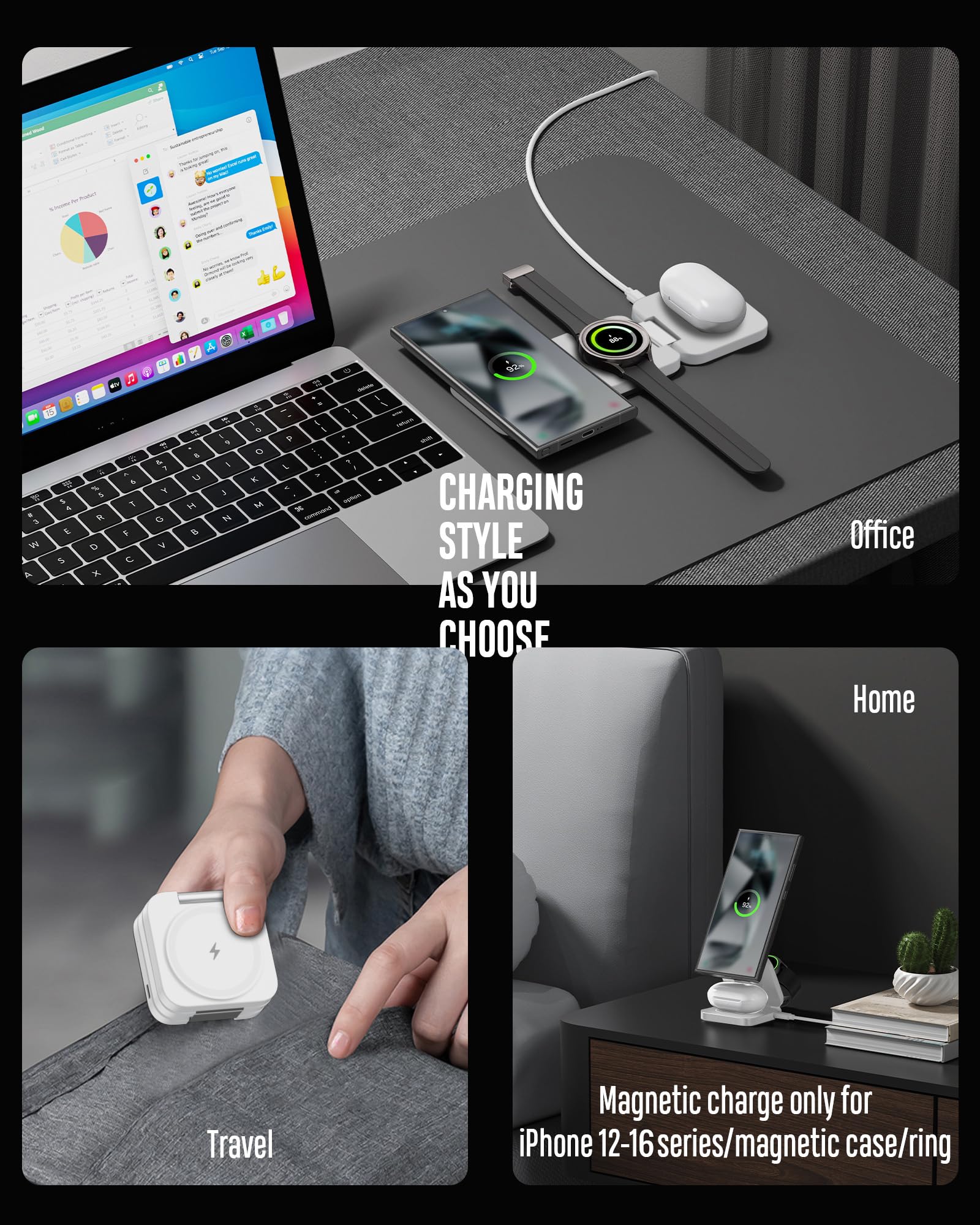 Estación de carga inalámbrica plegable 3 en 1 para Samsung, KU XIU X55 Ultra Magnetic Cargador de viaje para Galaxy S24 Ultra S23 S22 Note 20 Z Fold Flip 6 5, Galaxy Watch Ultra 7 6 5, Galaxy Buds,