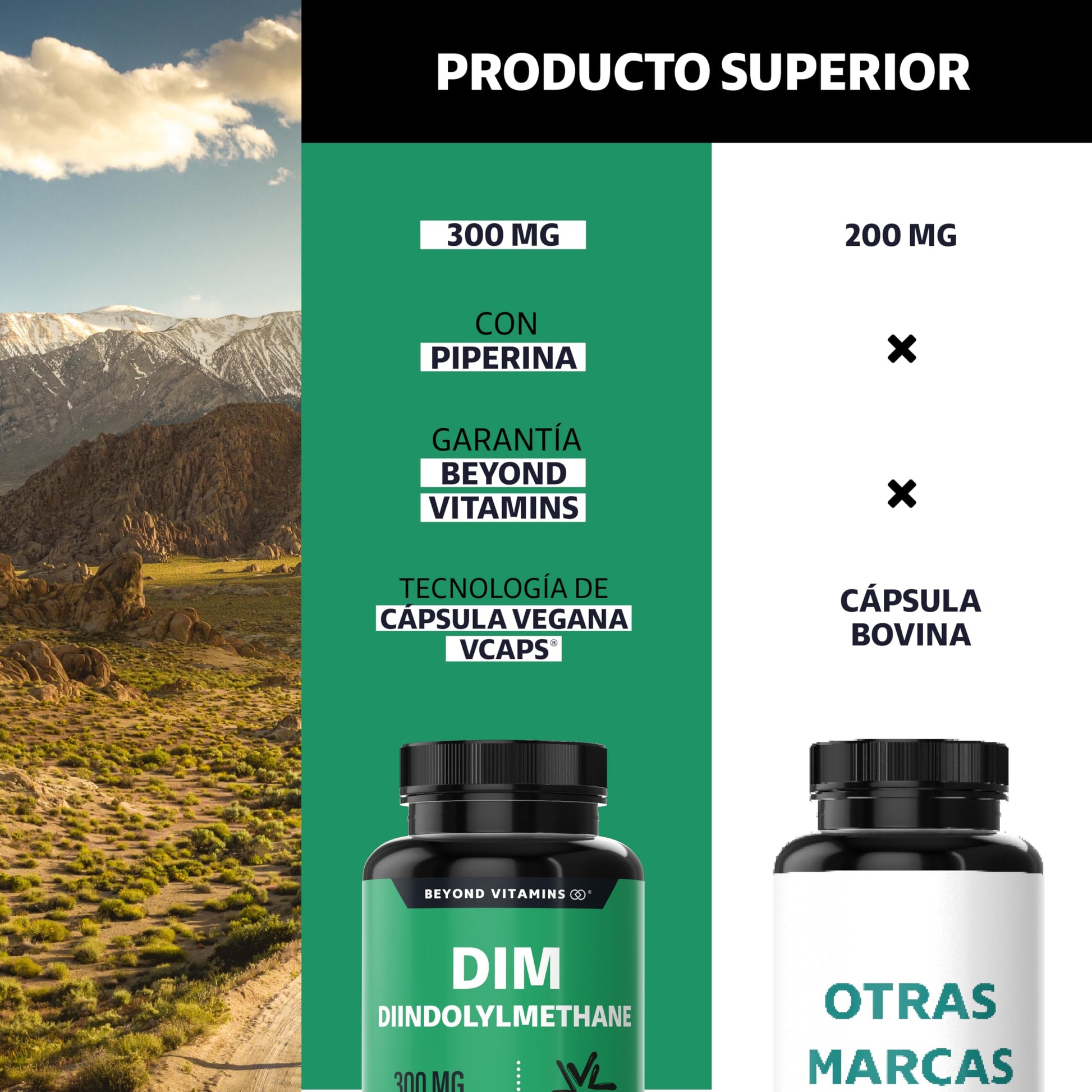 Beyond Vitamins | DIM Suplemento 300 mg | Diindolilmetano avanzado + Piperina al 95% | Cápsulas vegetales VCaps | 2 meses