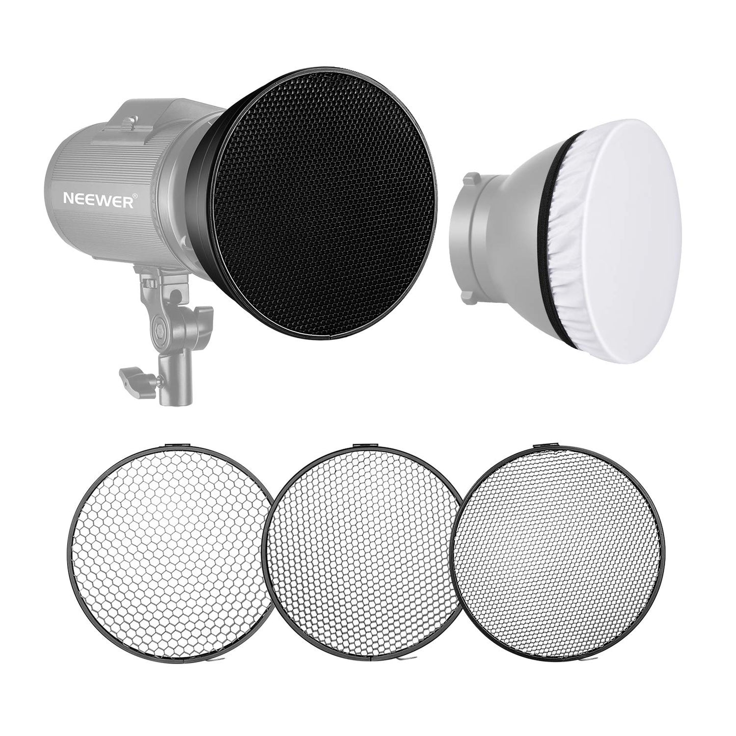 NEEWER Reflector Estándar 7 Pulgadas/18 Centímetros Difusor Suave con Rejilla en Forma Panal 20/40/60 Grados para Luz Estroboscópica Flash de Estudio de Bowens Montura Monoluz