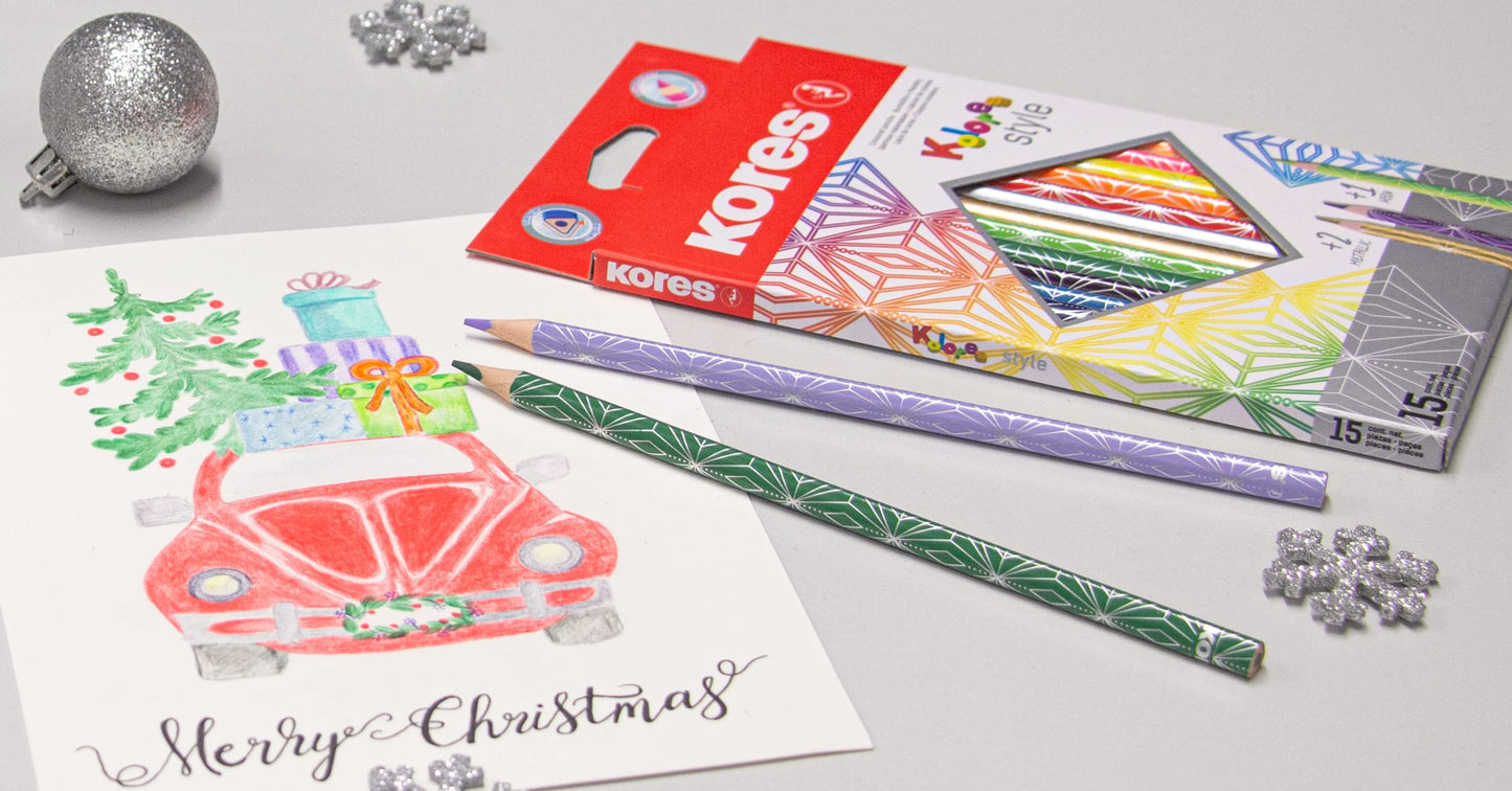Kores - Kolores Estilo: 15 lápices de colores para niños, principiantes y adultos, tonos metálicos y neón para papel blanco, oscuro y artesanal, juego de 15 colores surtidos