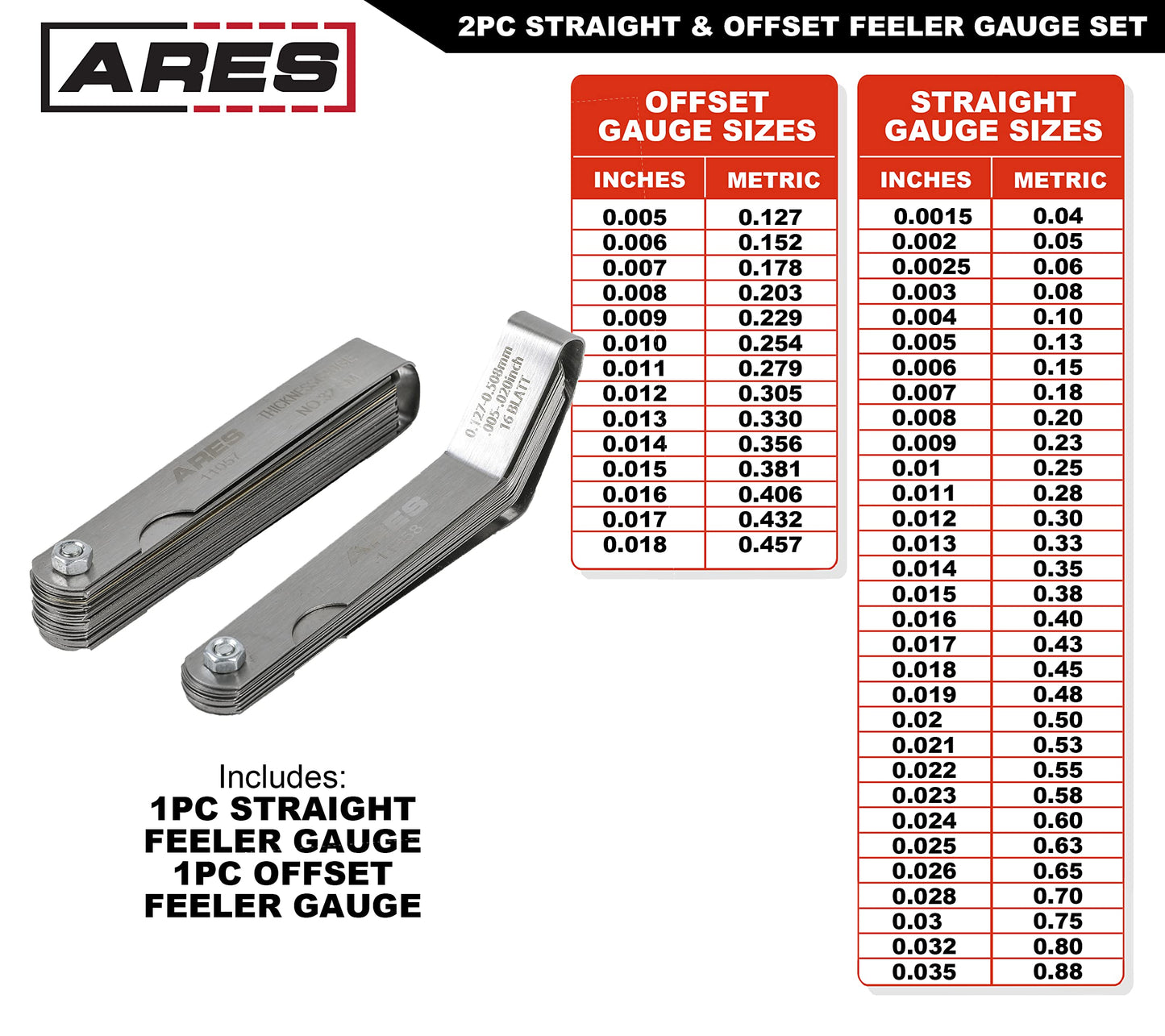 ARES 11043 - Juego de 2 medidores rectos y sensores de compensación – El medidor recto tiene 32 tamaños SAE y métricos de doble marca – El desplazamiento tiene 16 tamaños de doble marca – Mide con precisión las holguras mecánicas