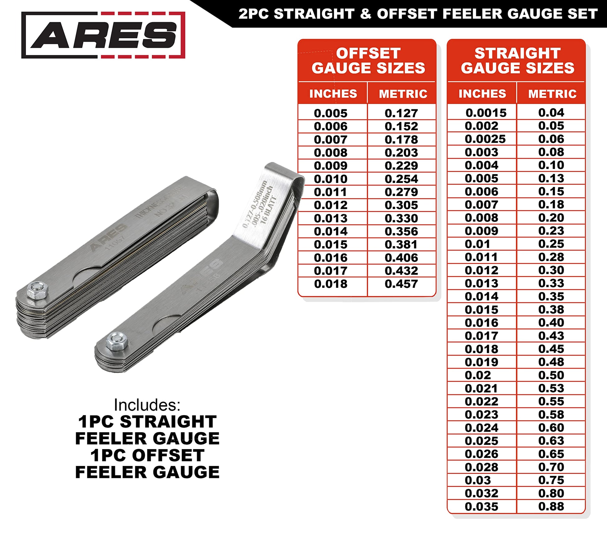 ARES 11043 - Juego de 2 medidores rectos y sensores de compensación – El medidor recto tiene 32 tamaños SAE y métricos de doble marca – El desplazamiento tiene 16 tamaños de doble marca – Mide con precisión las holguras mecánicas