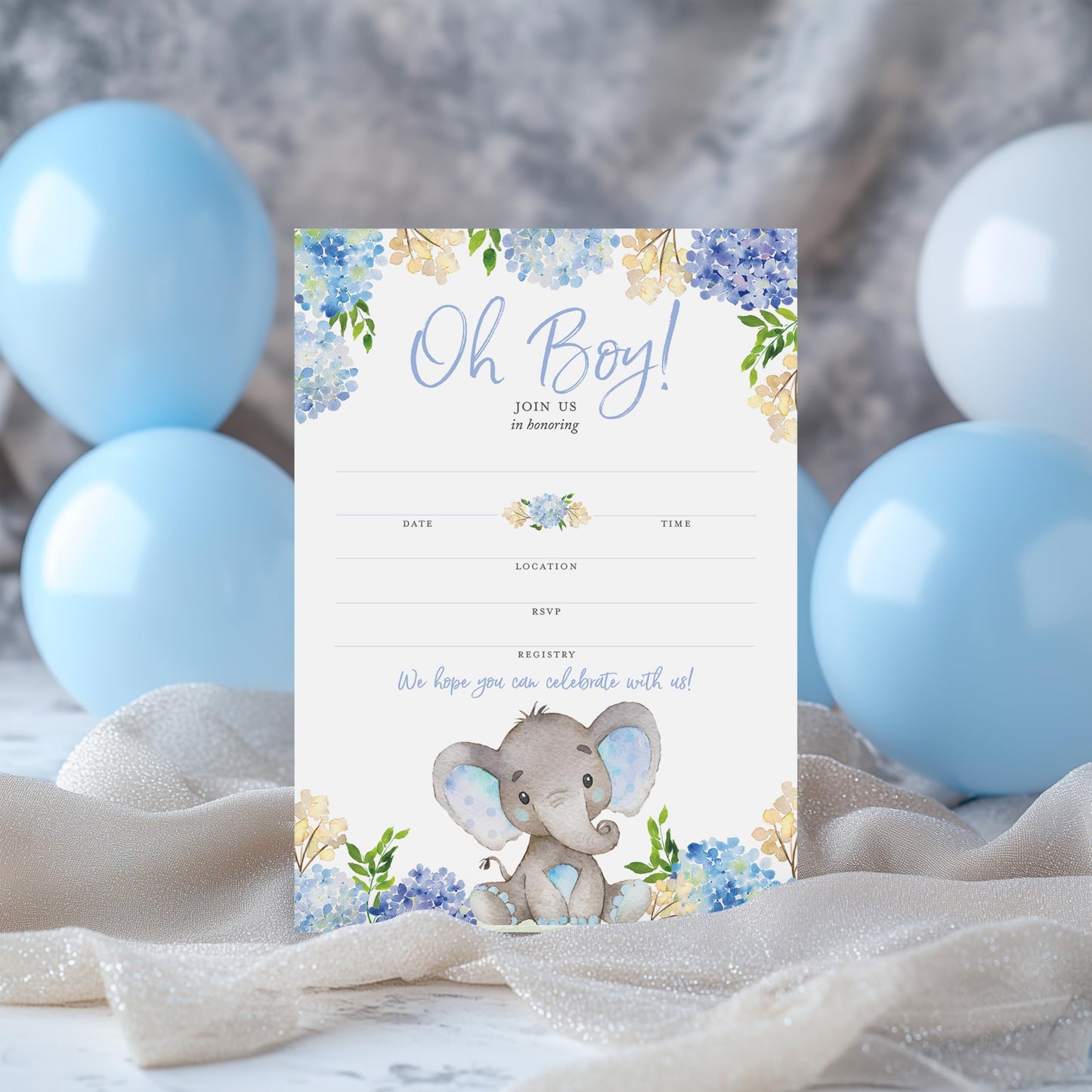 Blue ELEPHANT Baby Shower Invitations – Paquete de 25 – Baby Boy Blank Fill-in Baby Shower Invites, Oh Baby, Blue Floral Baby ELEPHANT Boy Baby Sprinkle Little Peanut Invitation SKU I531-INV1
