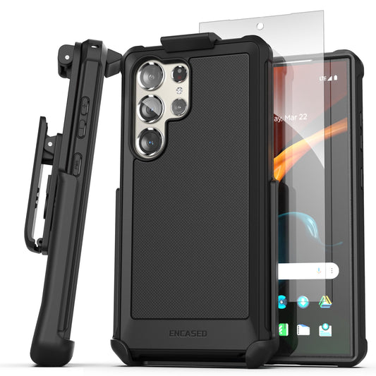 Funda con cinturón Falcon Encased diseñada para Samsung Galaxy S24 Ultra - Funda protectora con protector de visualización de vidrio templado (negro)