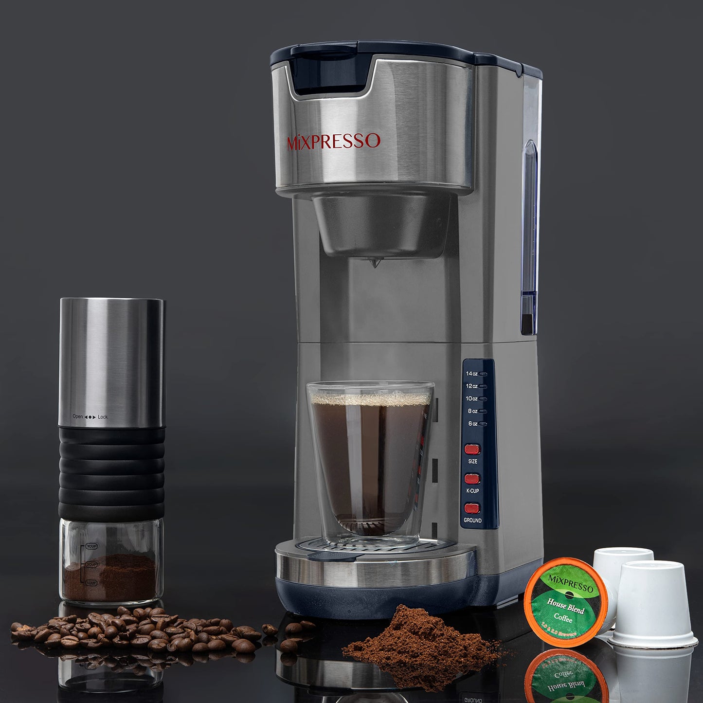 Cafetera Mixpresso Gris con Cápsulas K-Cup de Café y Café Molido, Bandeja de Goteo, 5 Tamaños de Cerveza, 30 Onzas, Taza de Viaje de hasta 14 Onzas
